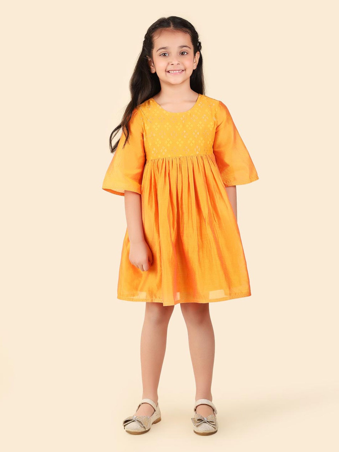 

Fabindia Girls Geometric Printed Bell Sleeve Cotton Fit & Flare Dress, Yellow