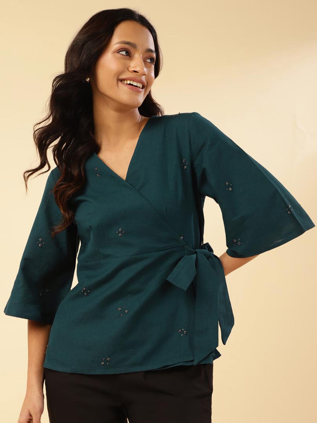 

Fabindia V-Neck Bell Sleeve Cotton Top, Teal