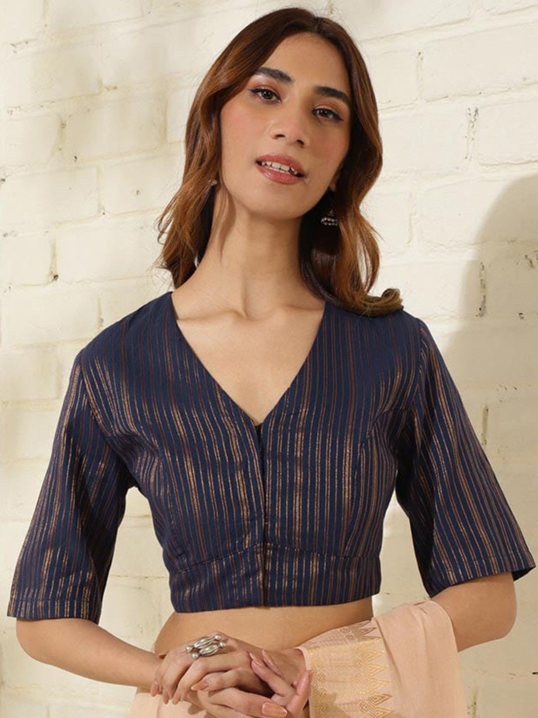 

Fabindia Striped V-Neck Saree Blouse, Blue