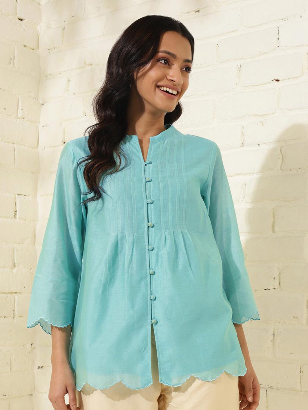 

Fabindia Mandarin Collar Cotton Silk Tunic, Blue