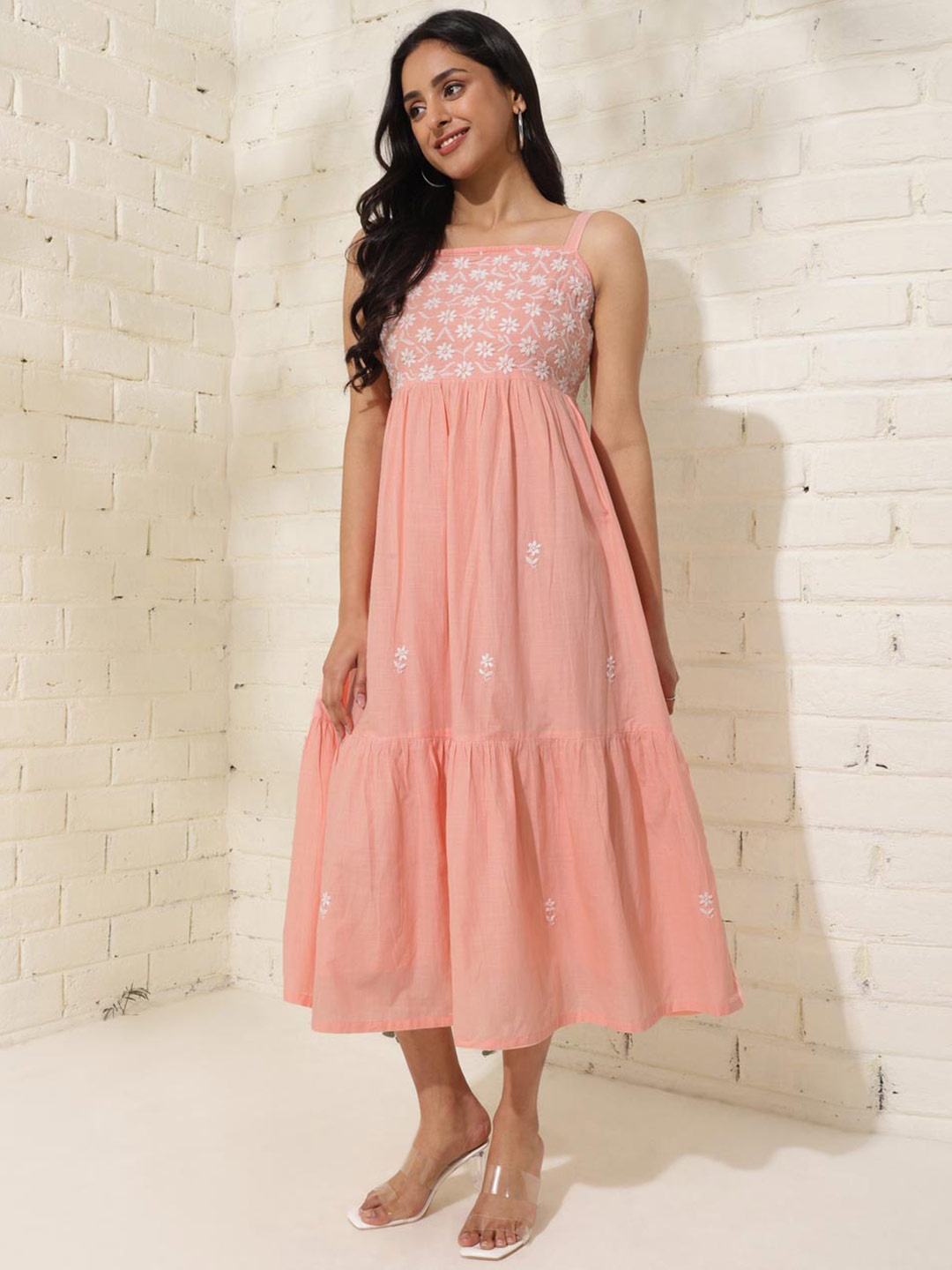 

Fabindia Floral Embroidered Shoulder Straps Tiered Cotton Fit and Flare Midi Dress, Peach