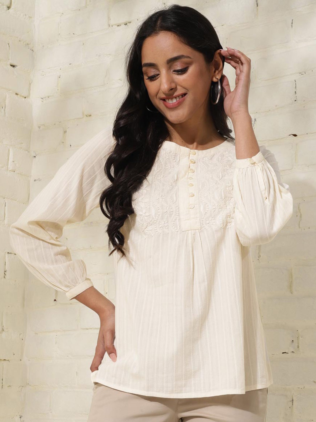 

Fabindia Floral Embroidered Puff Sleeves Cotton Top, Beige