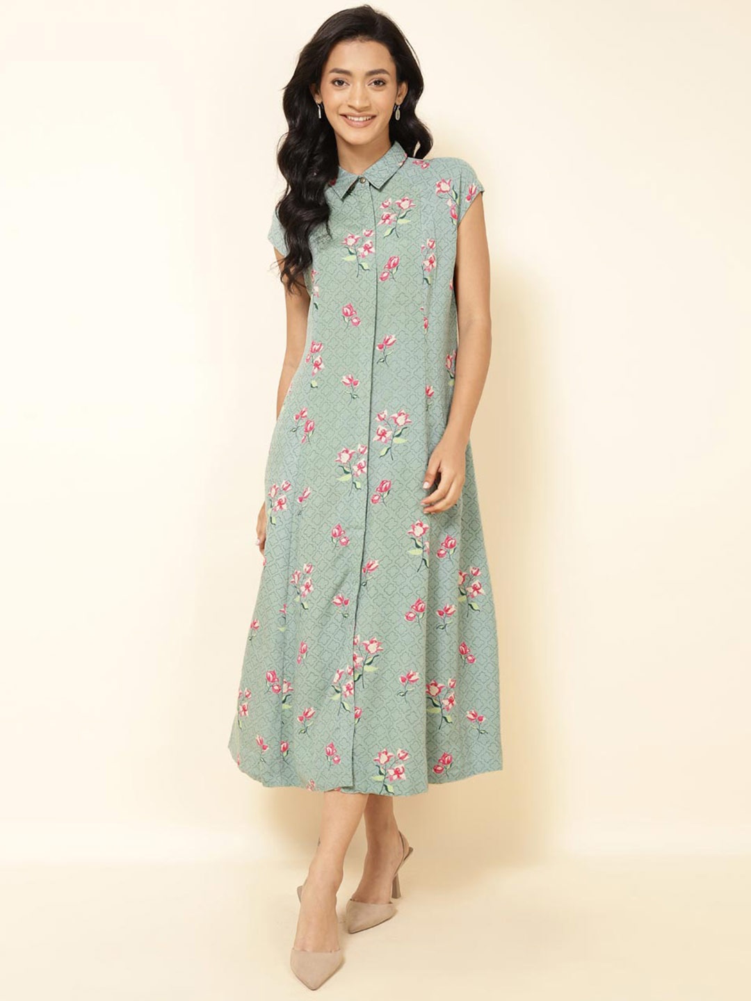 

Fabindia Floral Print Shirt Collar A-Line Midi Dress, Green