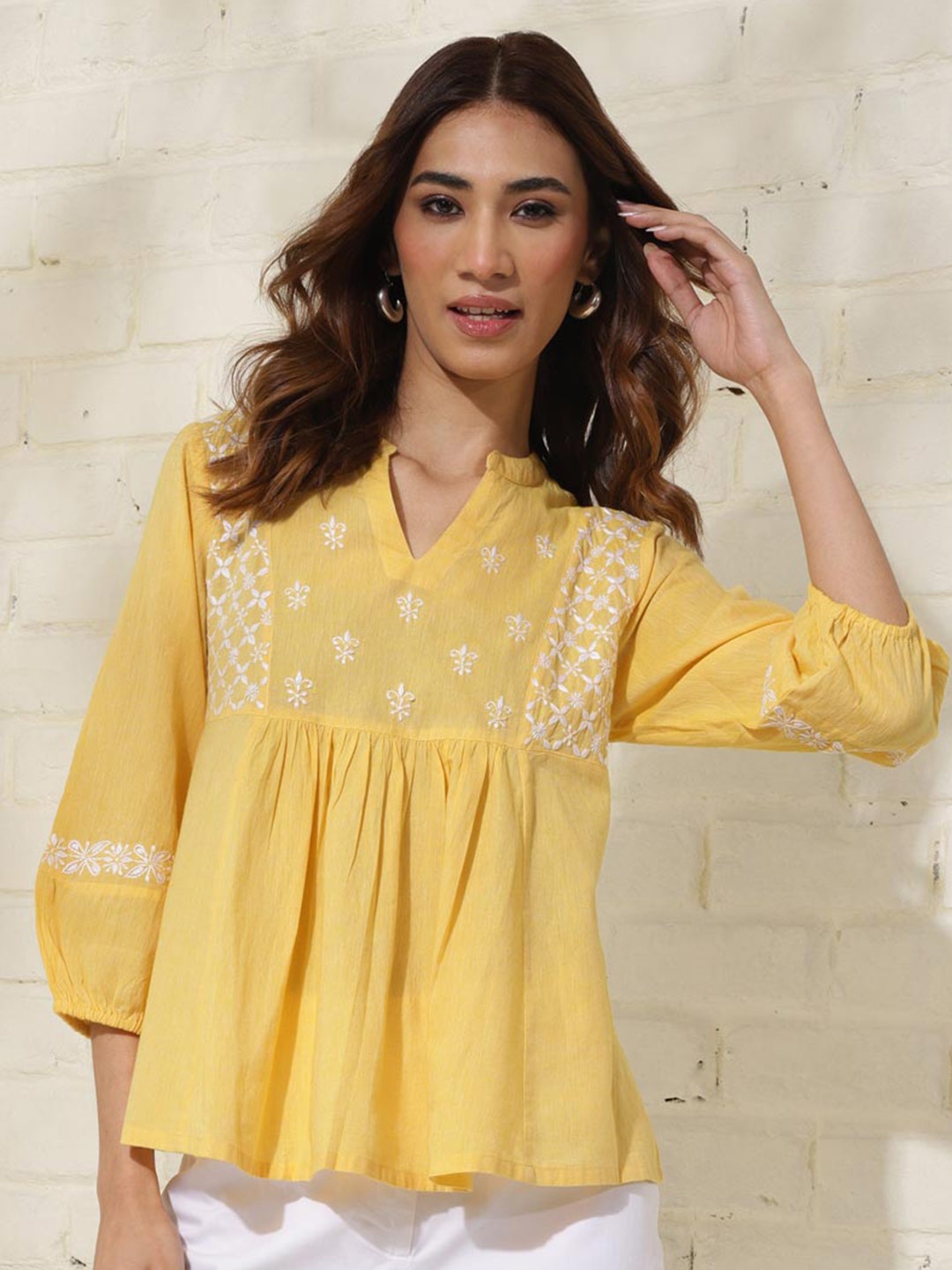 

Fabindia Mandarin Collar Cotton Top, Yellow