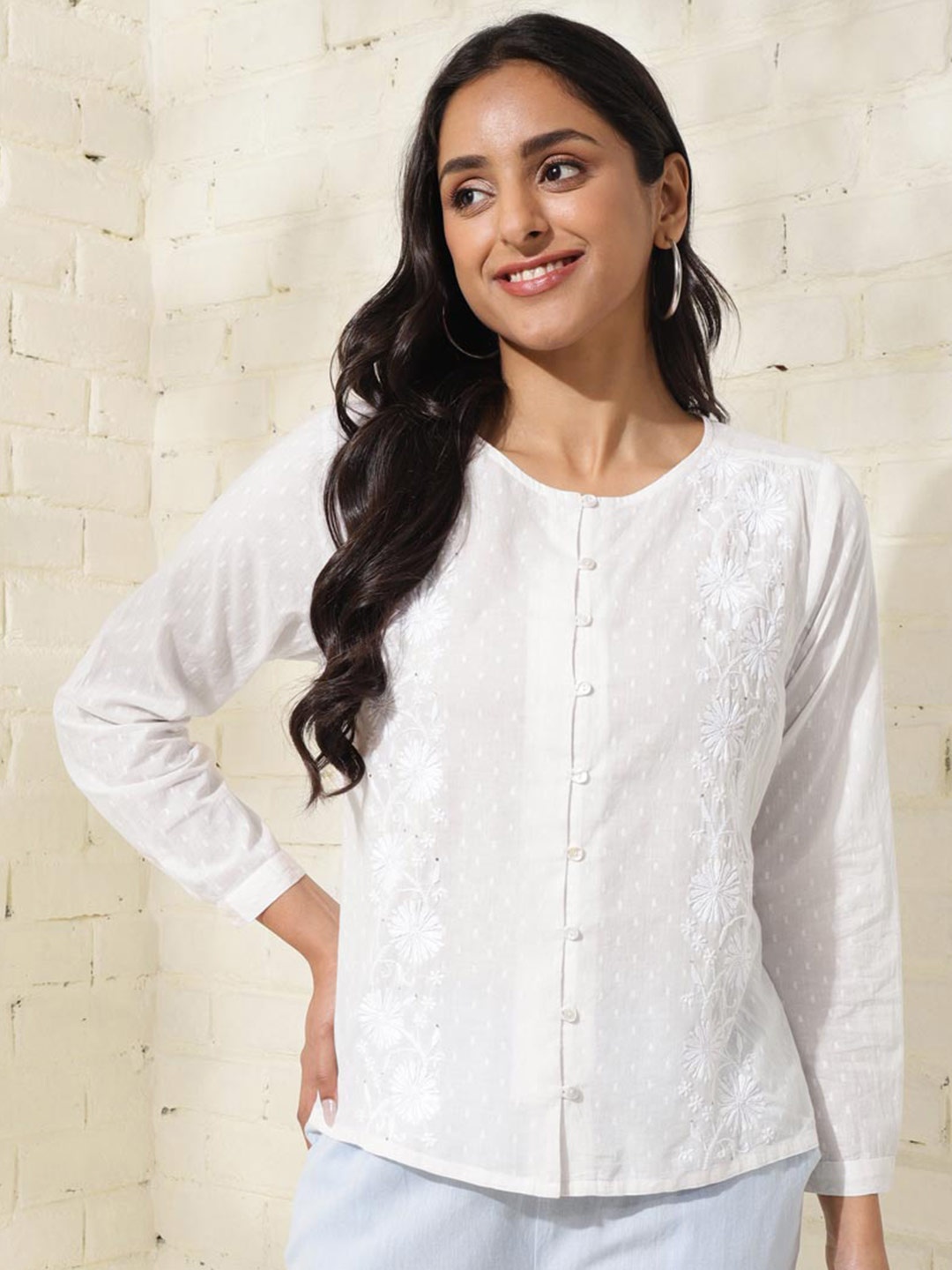 

Fabindia Chikankari Cotton Shirt Style Top, White