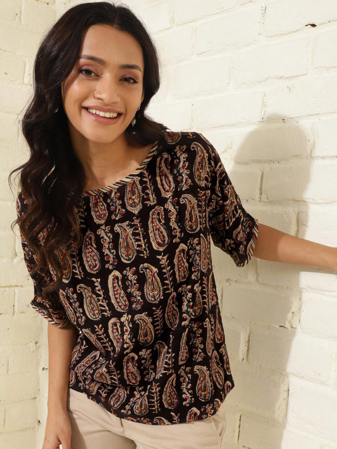 

Fabindia Ethnic Motifs Printed Boat Neck Top, Black