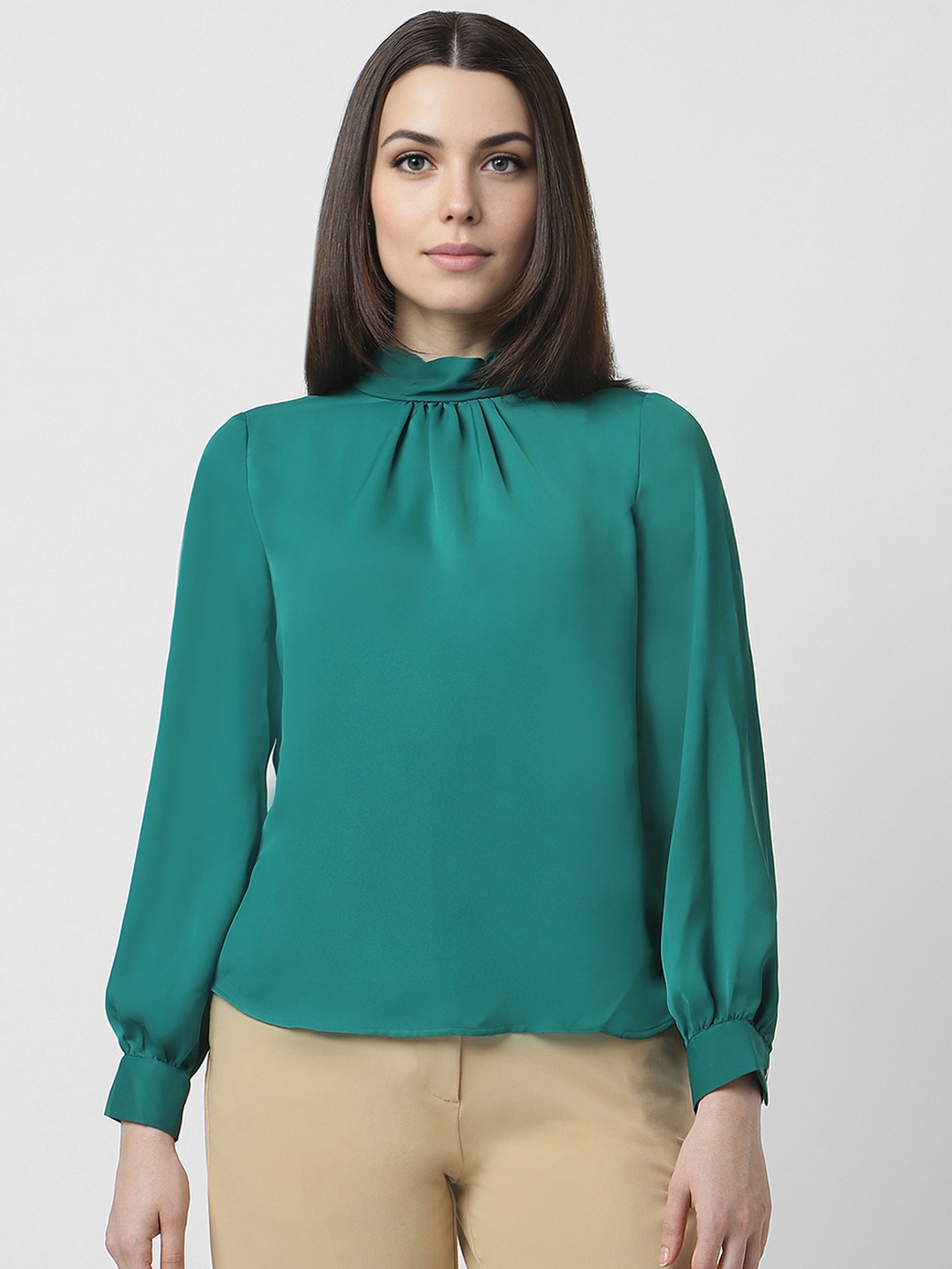 

Van Heusen Woman High Neck Puff Sleeves Top, Green