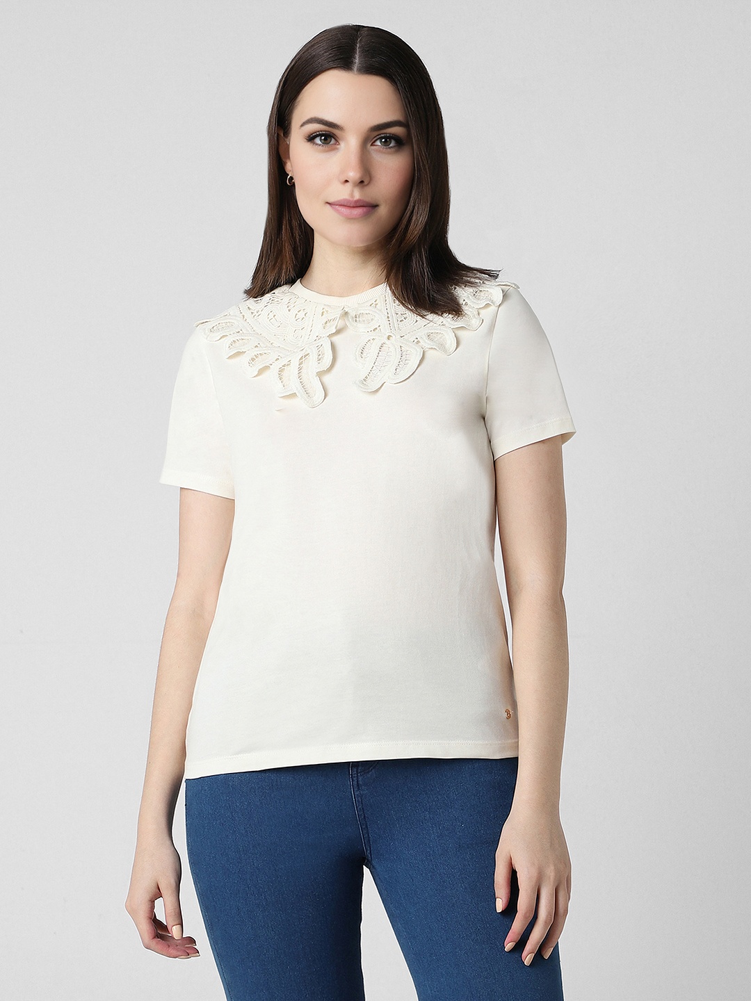 

Van Heusen Woman Lace Detail Round Neck Pure Cotton Top, Cream