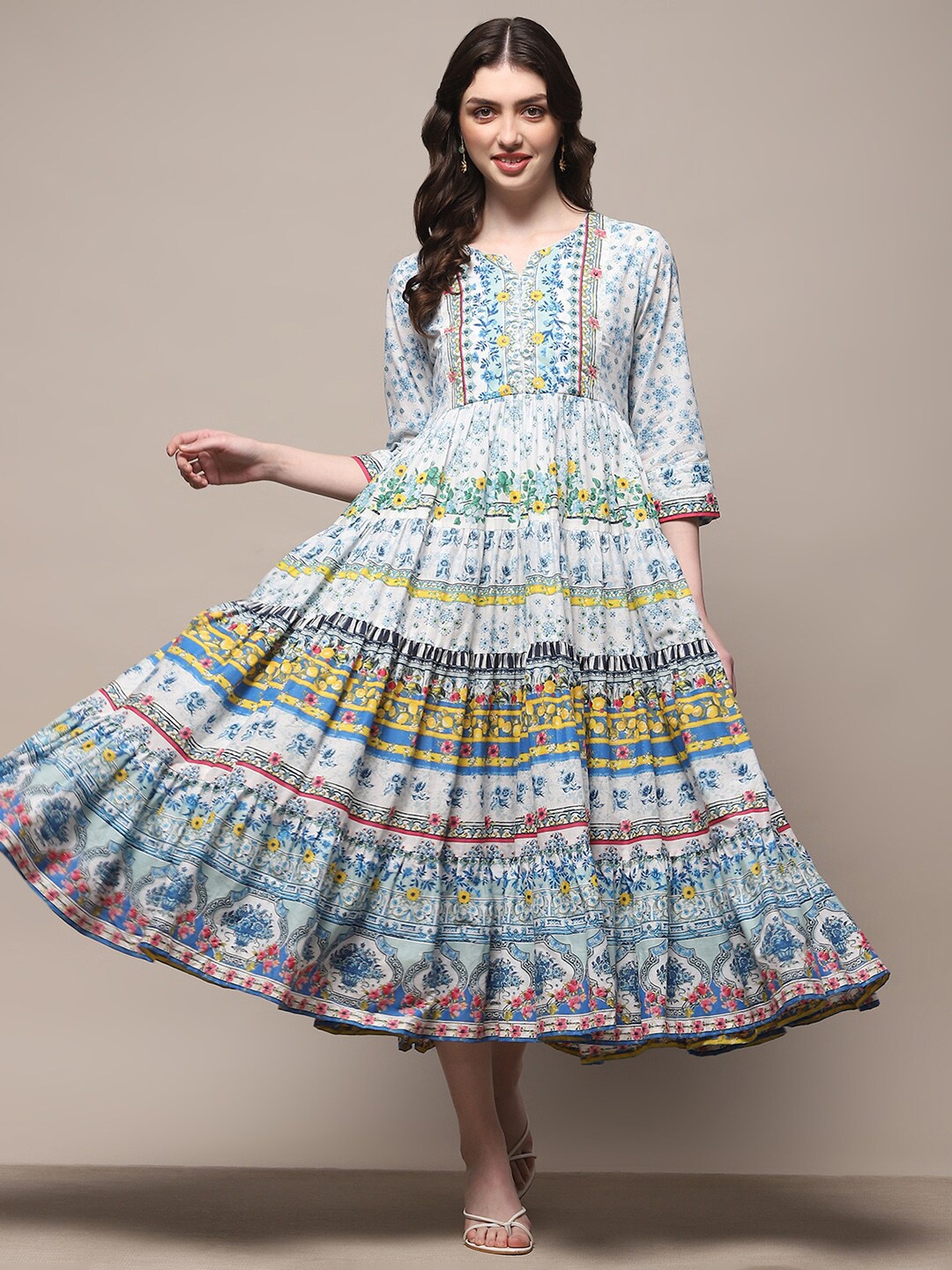 

Biba Ethnic Motifs Printed Cotton A-Line Midi Dress, White