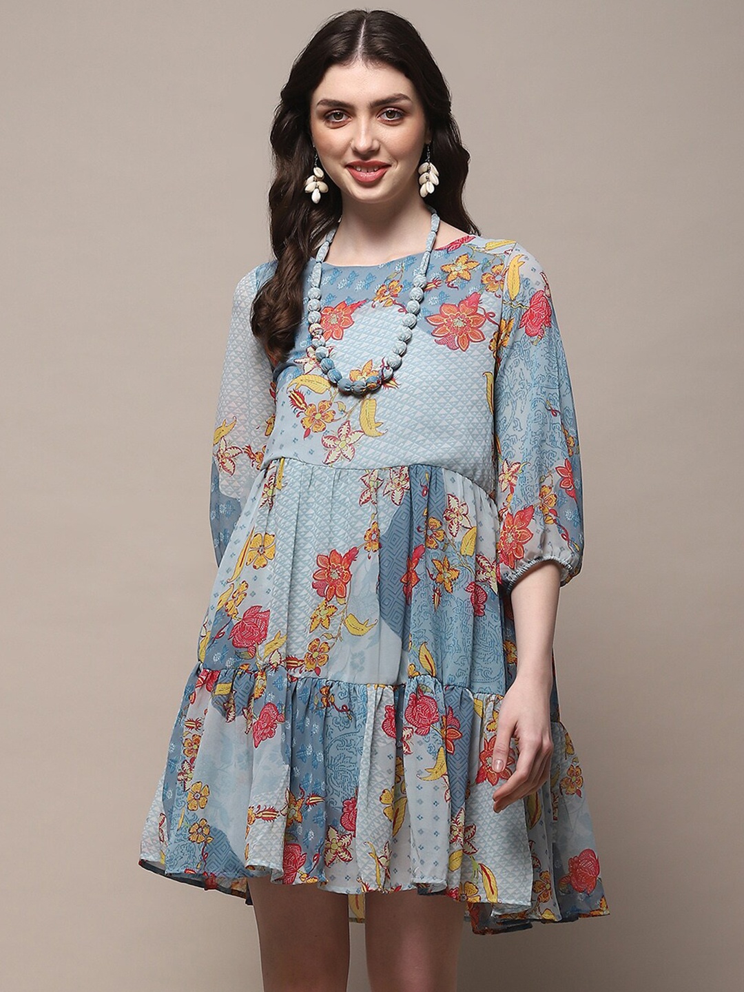 

Biba Floral Printed Puff Sleeve A-Line Dress, Blue