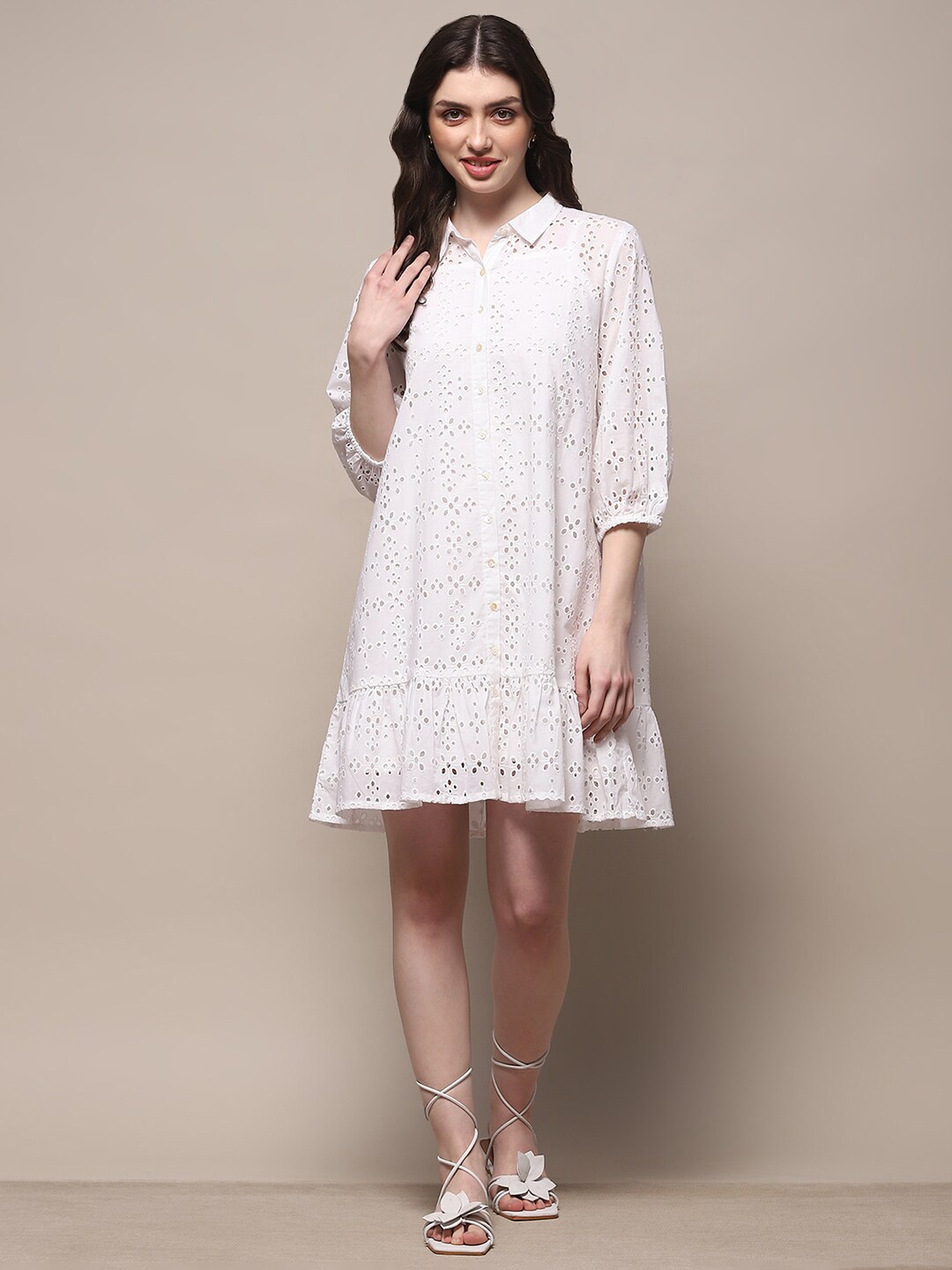 

Biba Self Design Cotton Shirt Dress, White