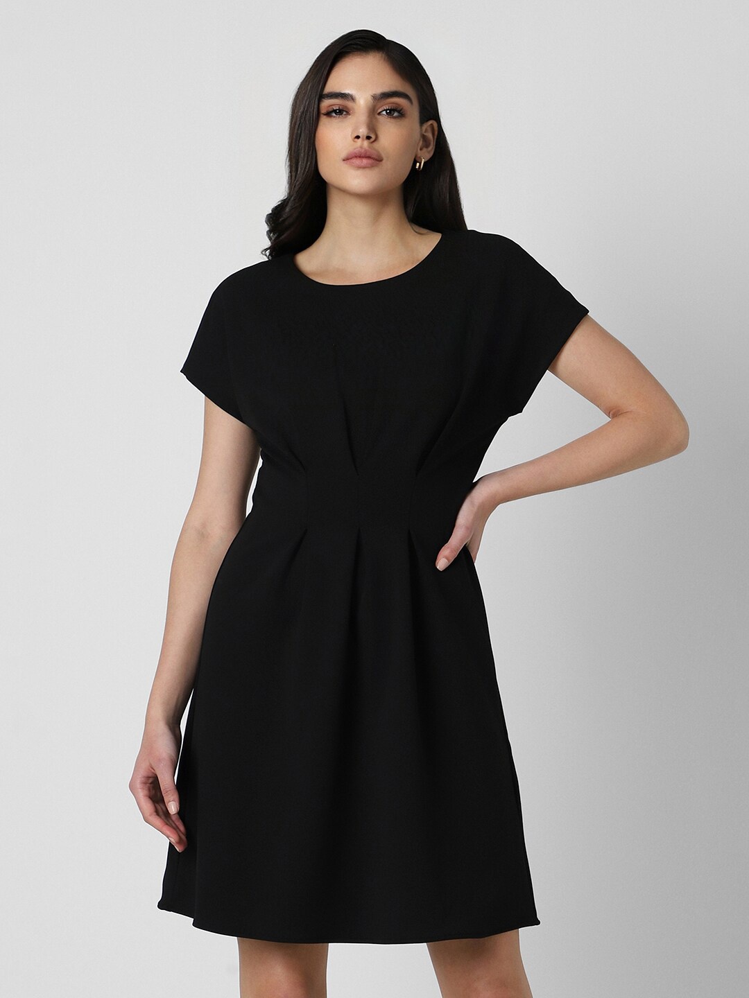 

Van Heusen Woman Round Neck Pleated Formal Fit & Flare Dress, Black