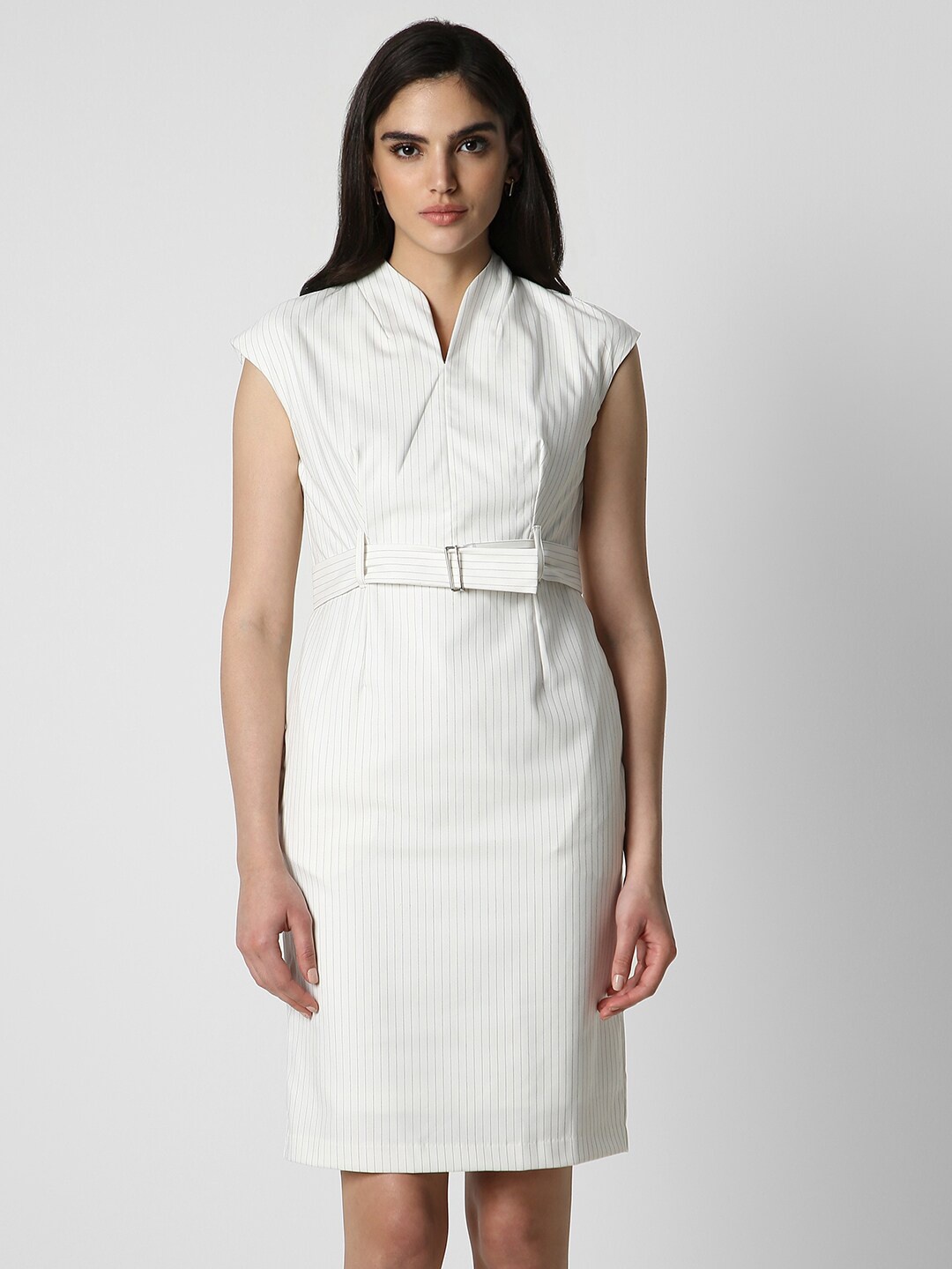 

Van Heusen Woman Striped Mandarin Collar Belted Formal Sheath Dress, White