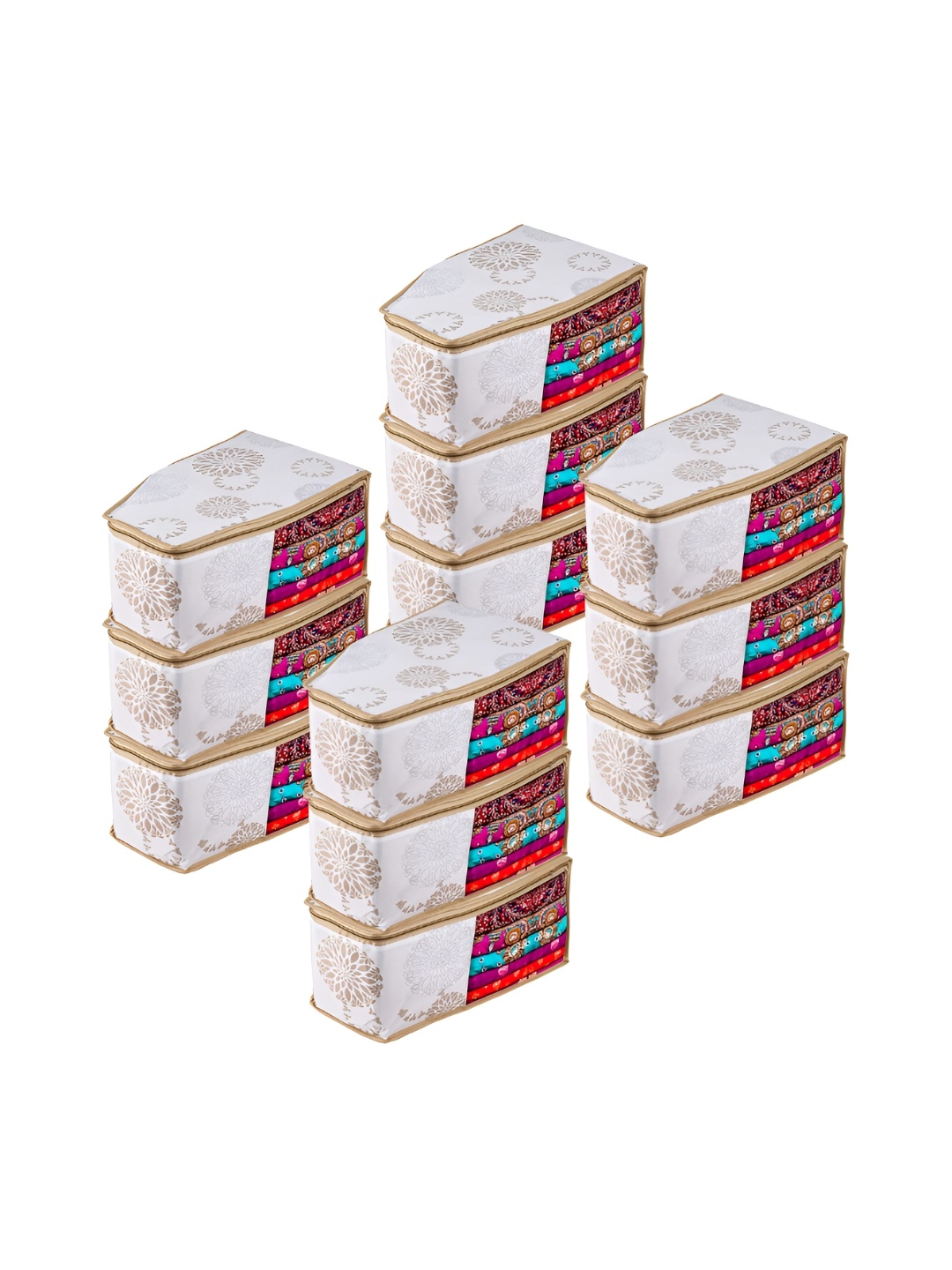 

Kuber Industries White & Beige 12 Pieces Reusable Saree Organisers