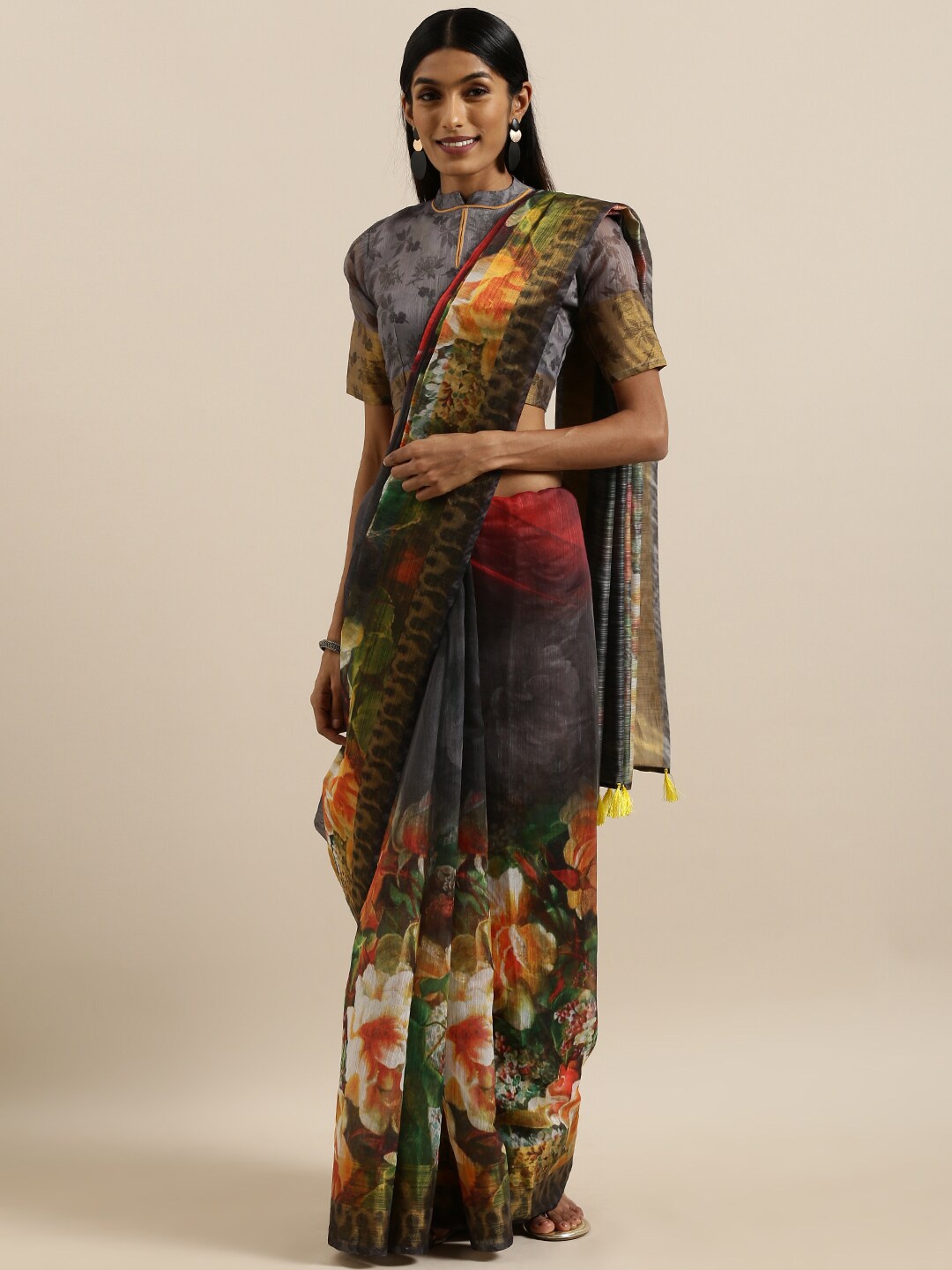 

Mitera Black Floral Printed Saree