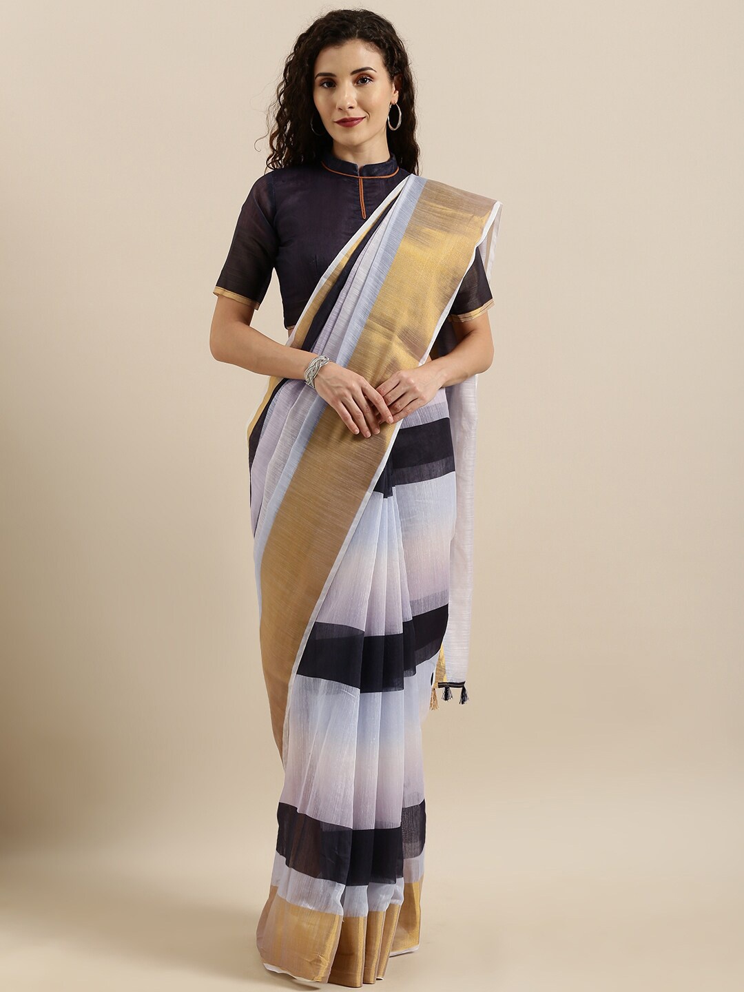 

Mitera Striped Zari Khadi Saree, Black