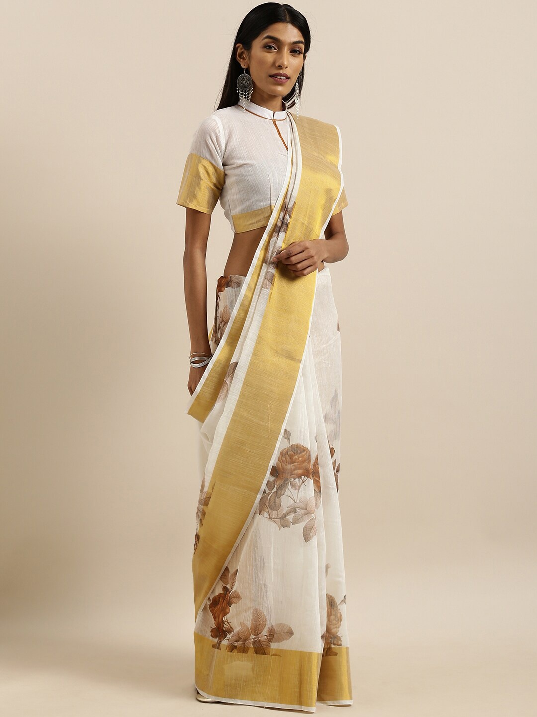 

Mitera Cream Coloured Floral Printed Zari Saree
