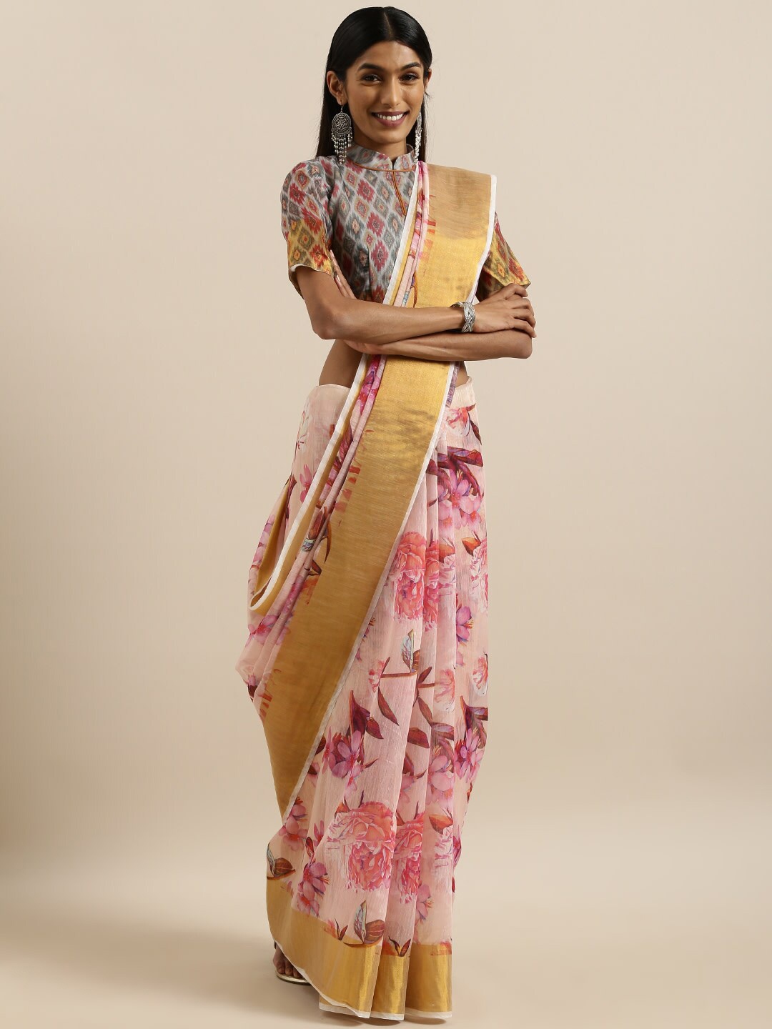 

Mitera Floral Printed Khadi Zari Saree, Pink