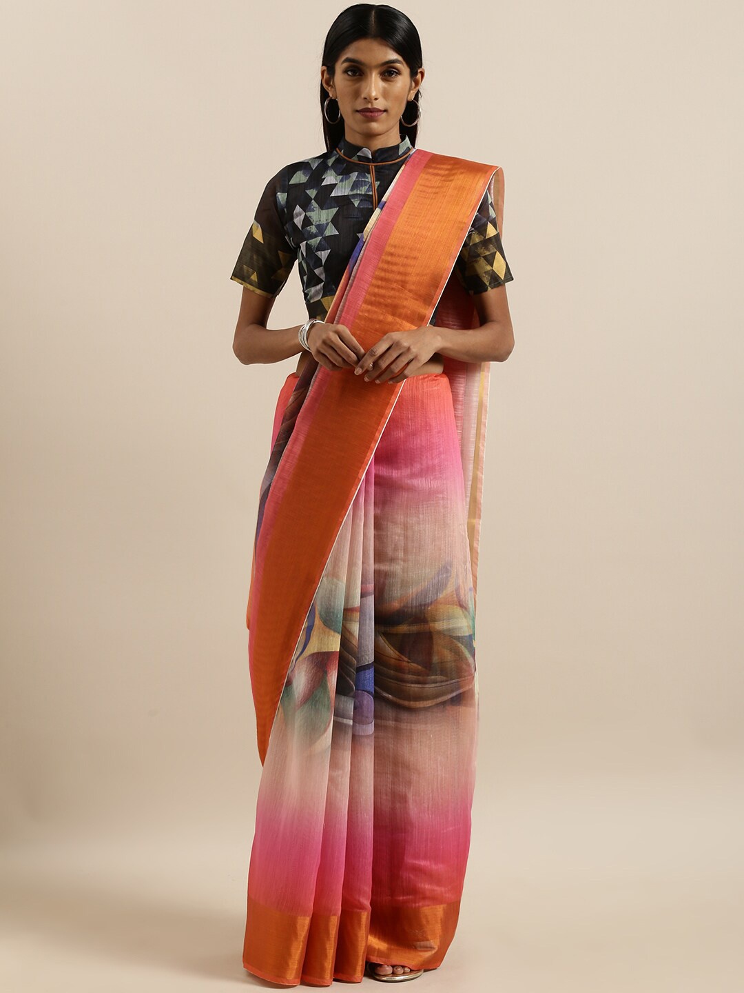 

Mitera Pink Ombre Dyed Zari Saree