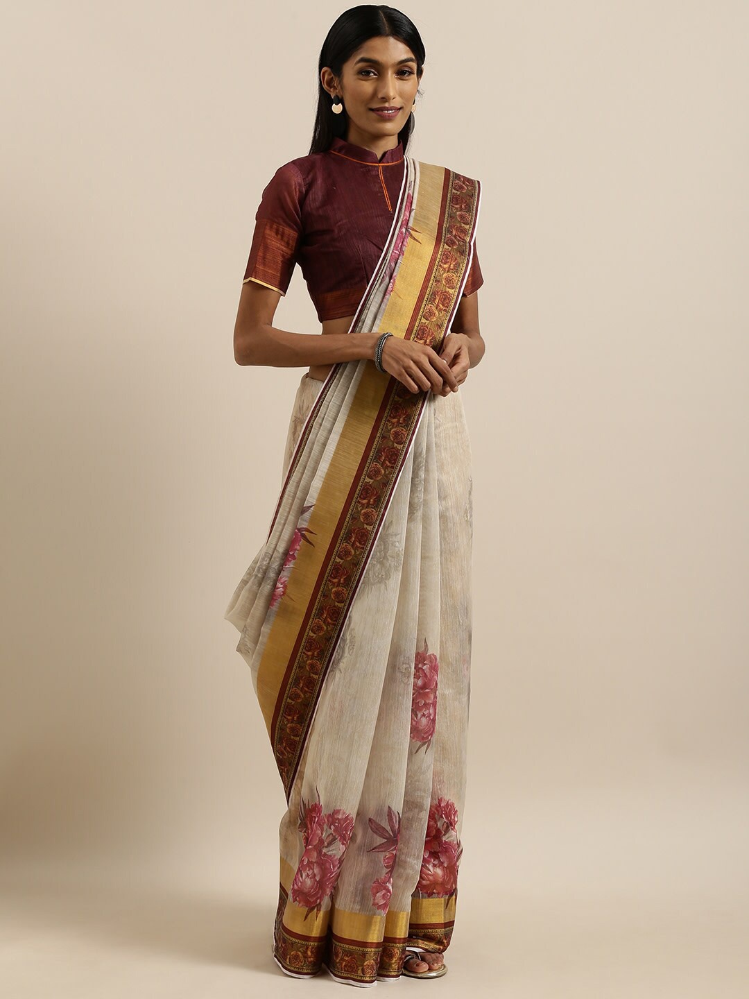 

Mitera Floral Printed Zari Khadi Saree, Magenta