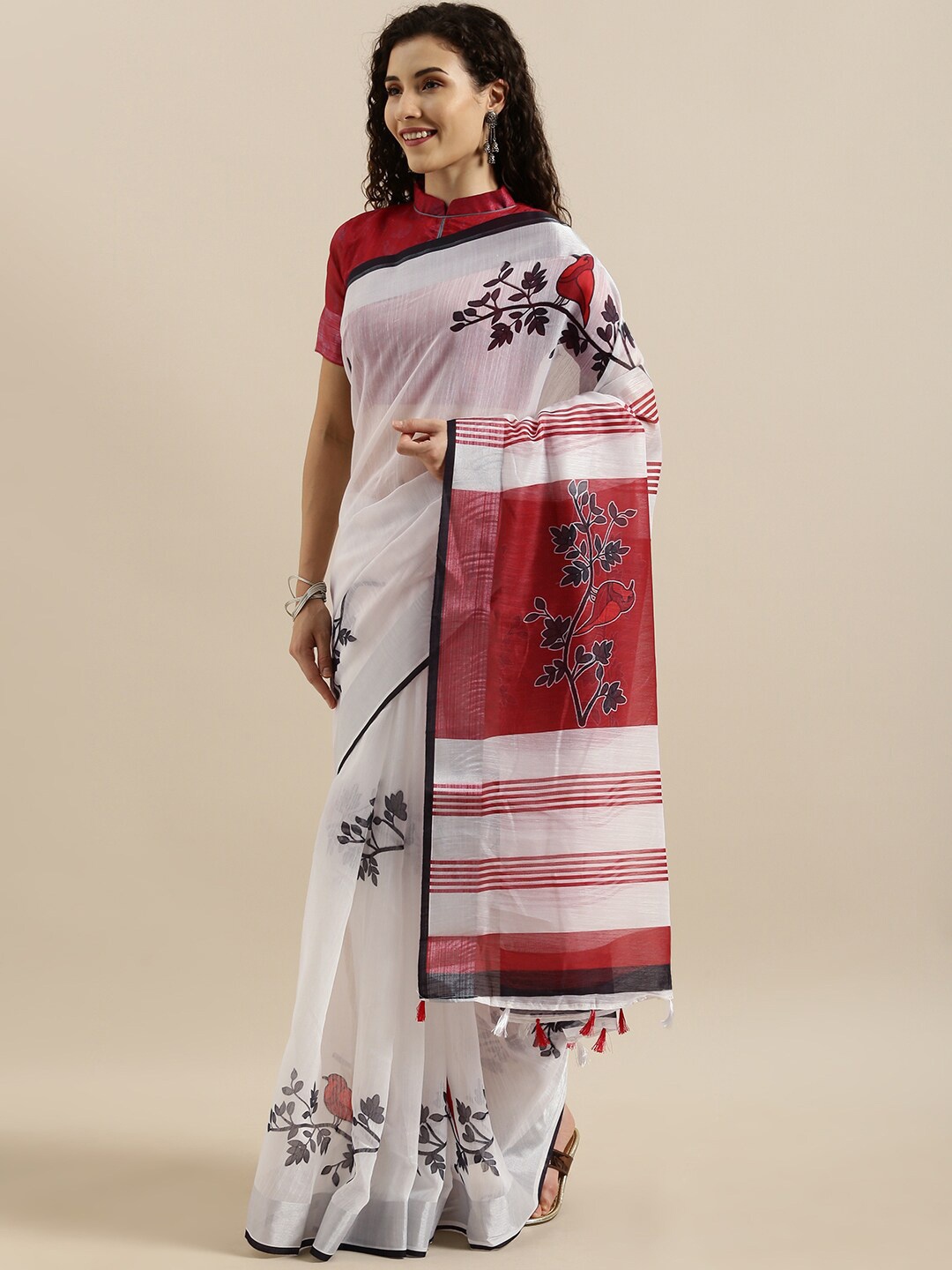 

Mitera Floral Printed Zari Khadi Saree, White