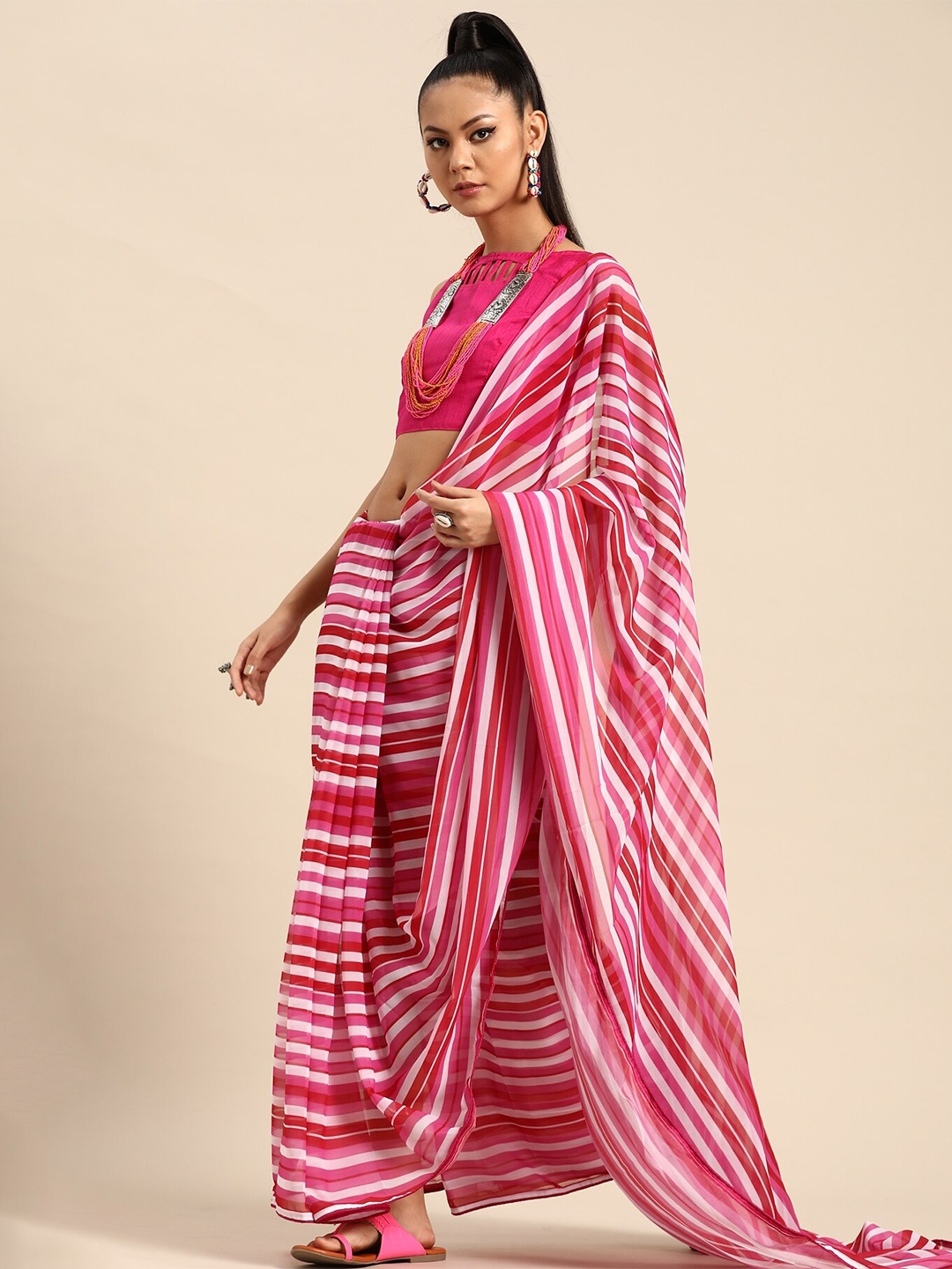 

Mitera Pink & White Striped Pure Georgette Saree