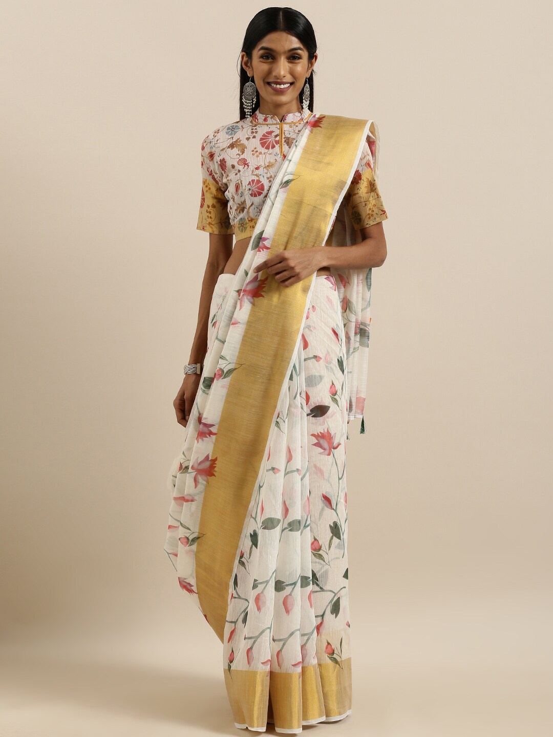 

Mitera Floral Printed Khadi Zari Saree, Off white