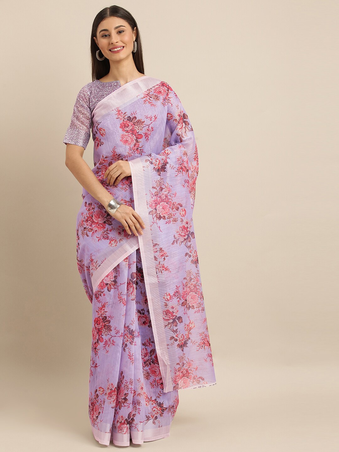 

Mitera Floral Printed Zari Khadi Saree, Lavender