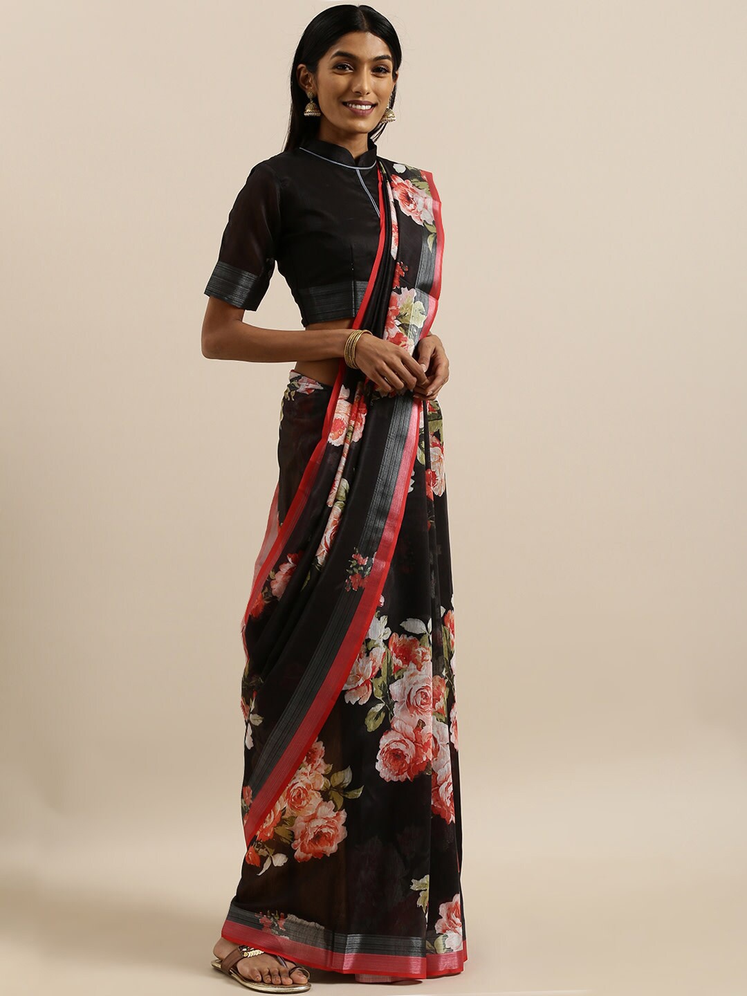

Mitera Floral Zari Khadi Saree, Black