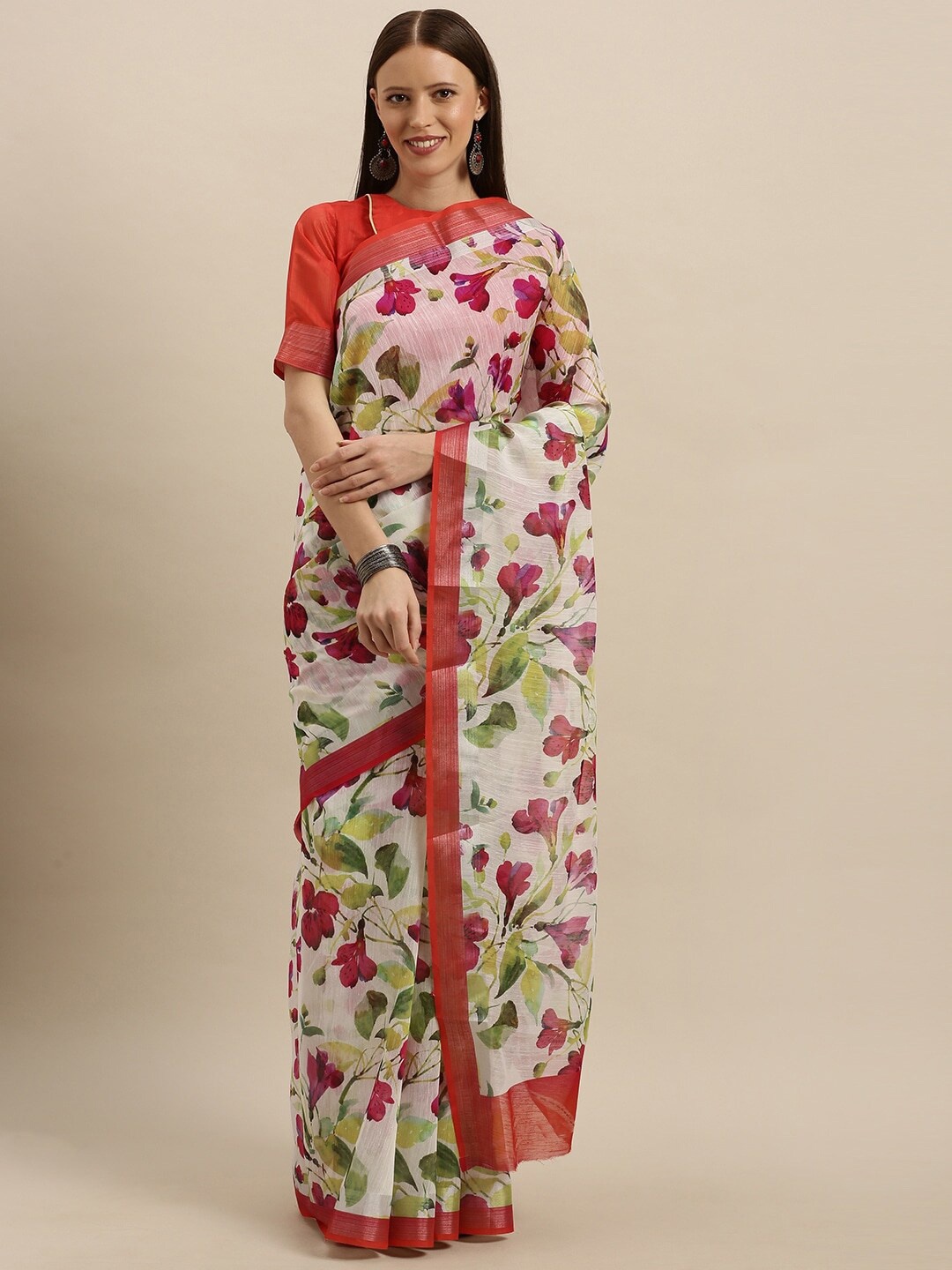 

Mitera White & Red Floral Printed Zari Saree