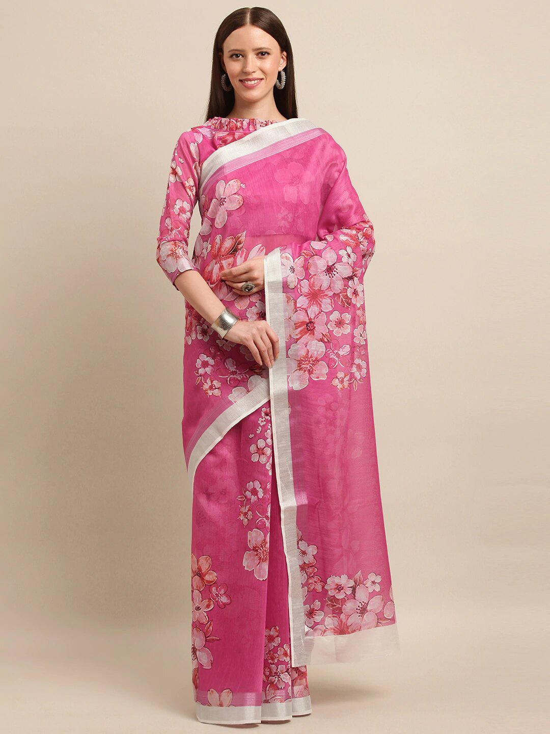 

Mitera Pink Floral Printed Zari Saree