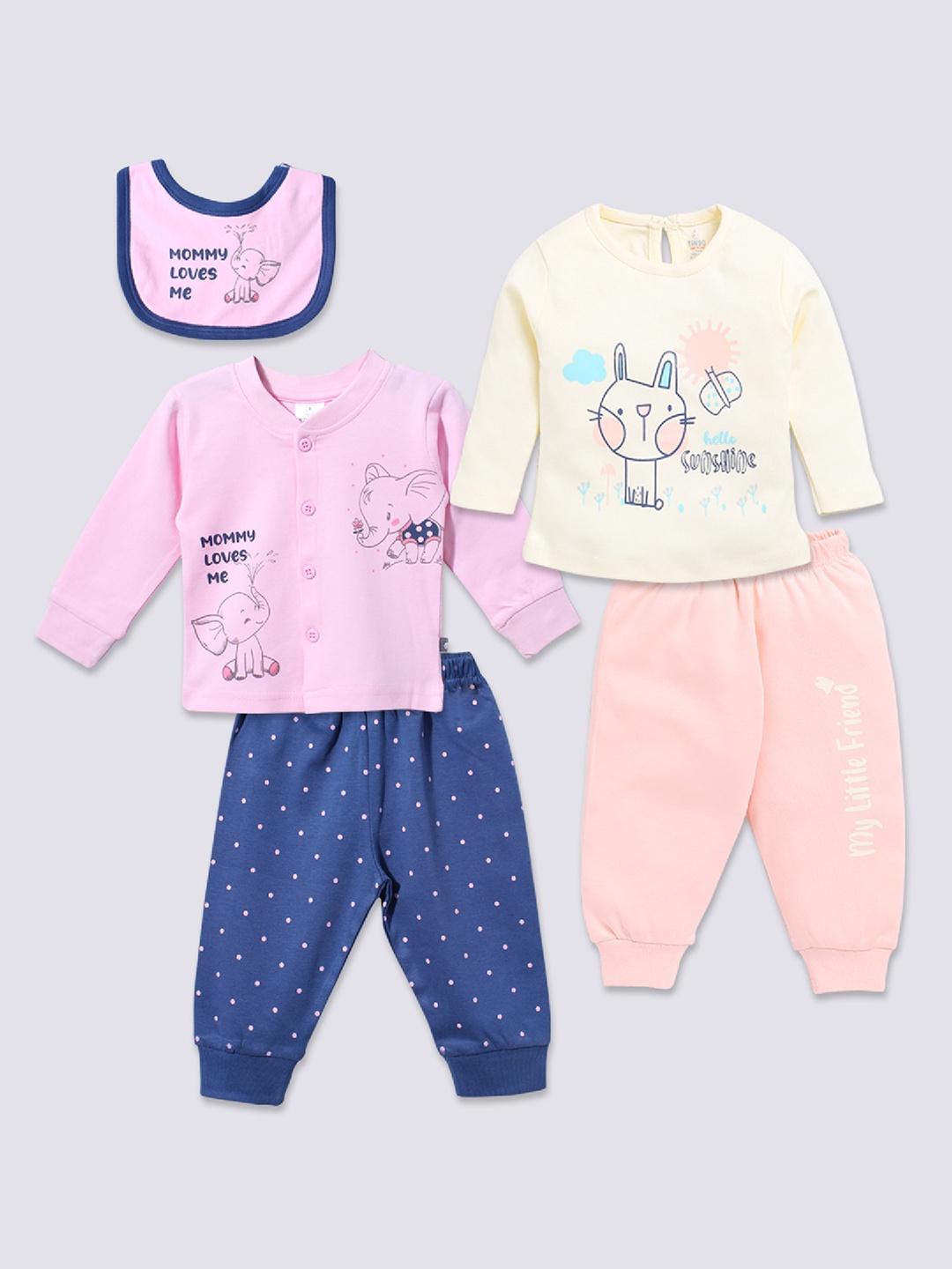 

Moms Love Infant Girls Pack Of 2 Printed Pure Cotton Clothing Set With Bib, Cream