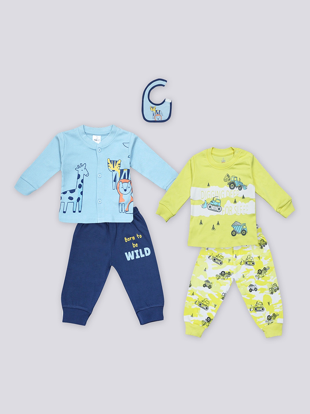 

Moms Love Infant Boys Pack Of 2 Printed Pure Cotton Clothing Set With Bib, Blue