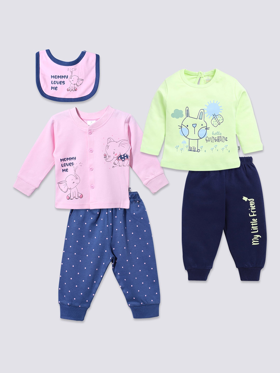 

Moms Love Infants Girls Pack Of 2 Printed Pure Cotton Clothing Sets With Bib, Green