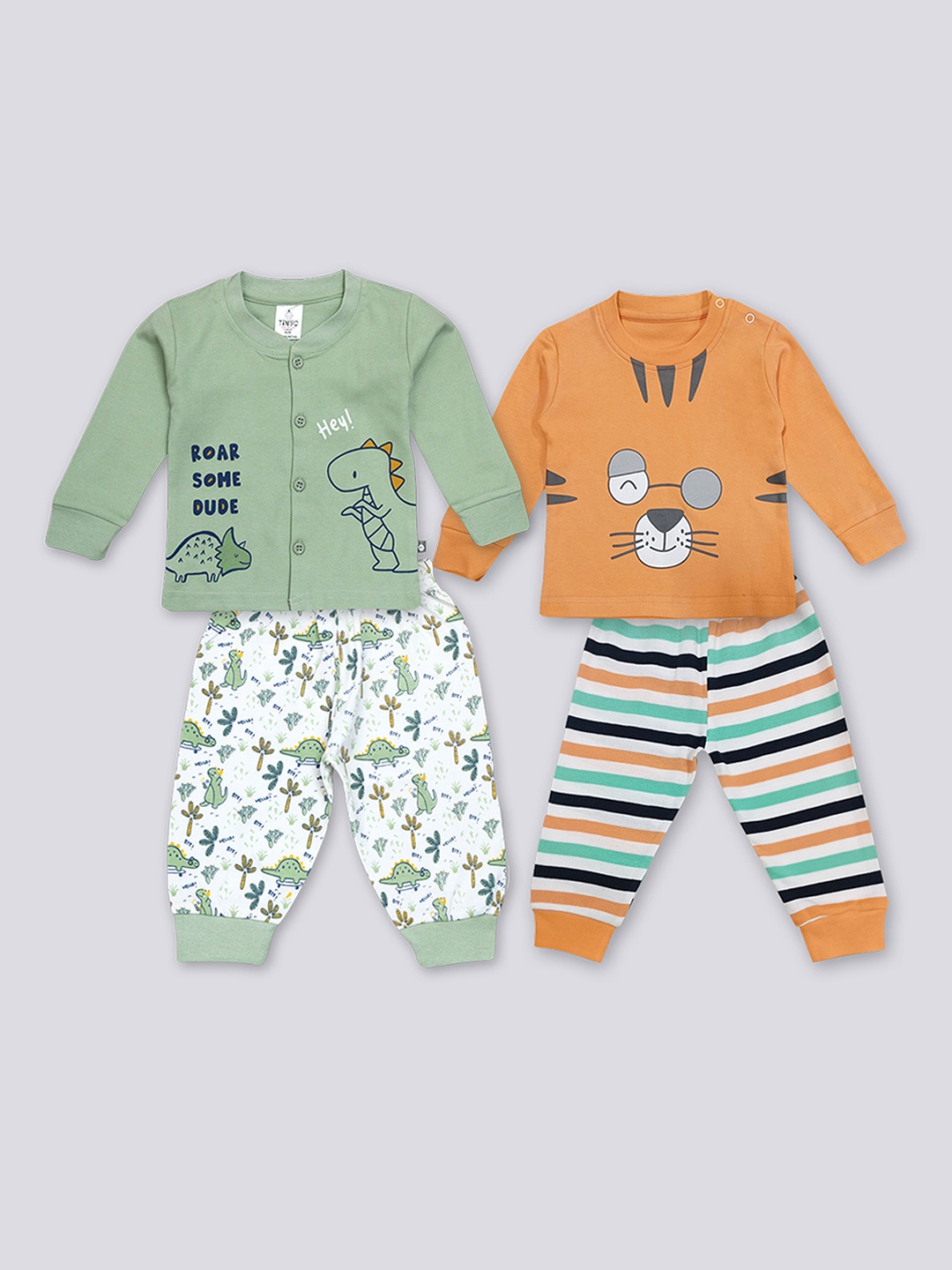 

Moms Love Infants Boys Pack Of 2 Printed Pure Cotton T-shirt With Trousers, Green