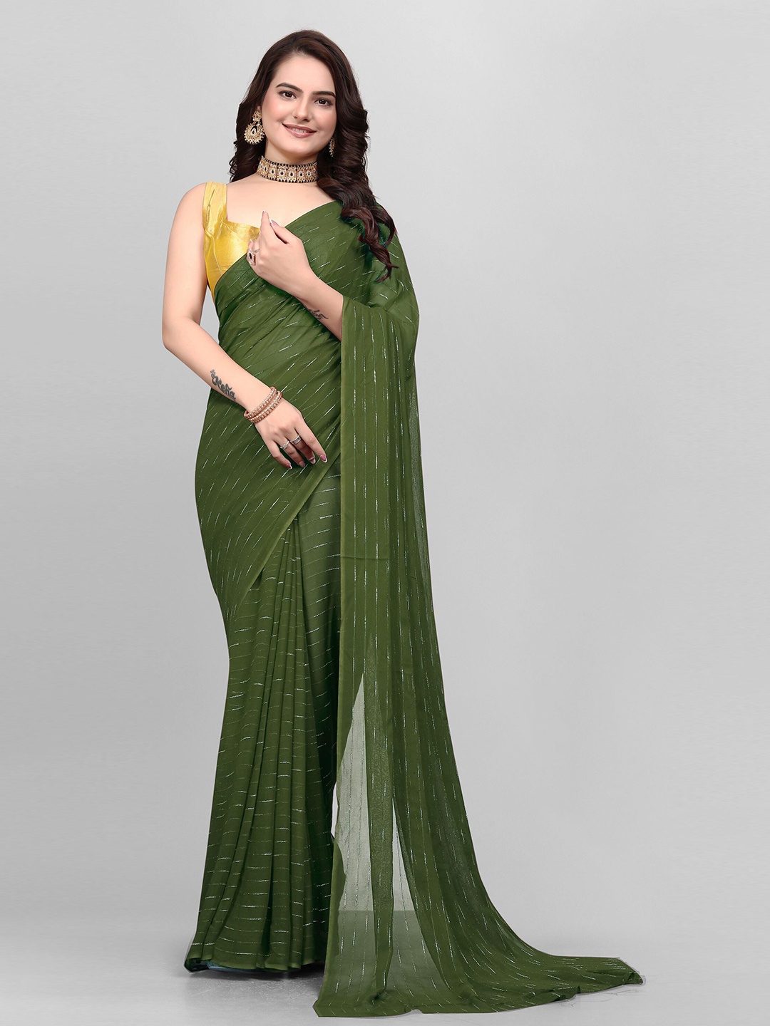 

Avojee Striped Saree, Olive