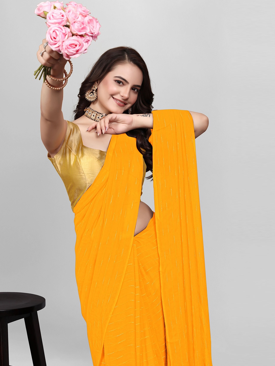 

Avojee Embellished Zari Saree, Mustard