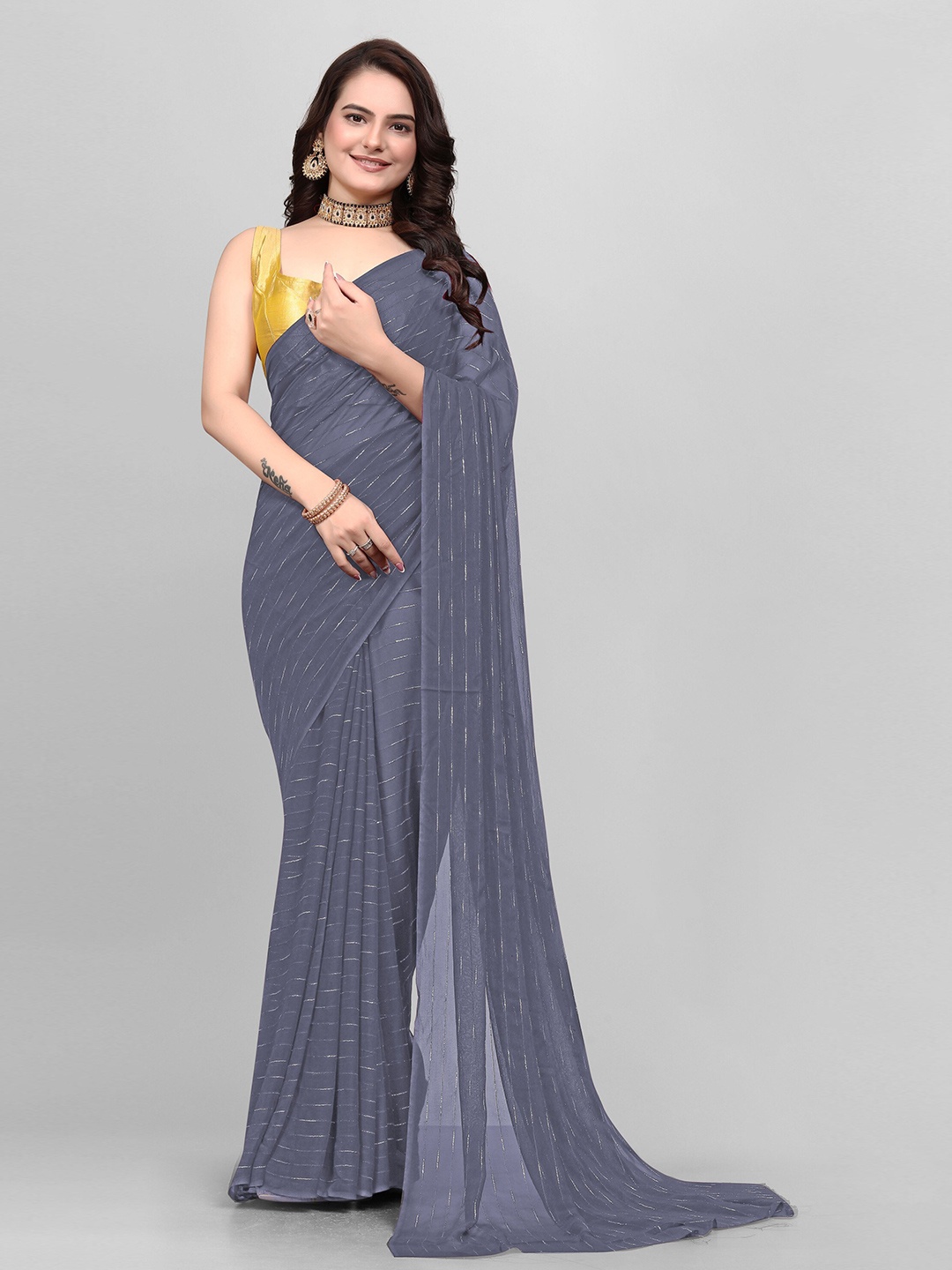 

Avojee Embellished Zari Saree, Grey