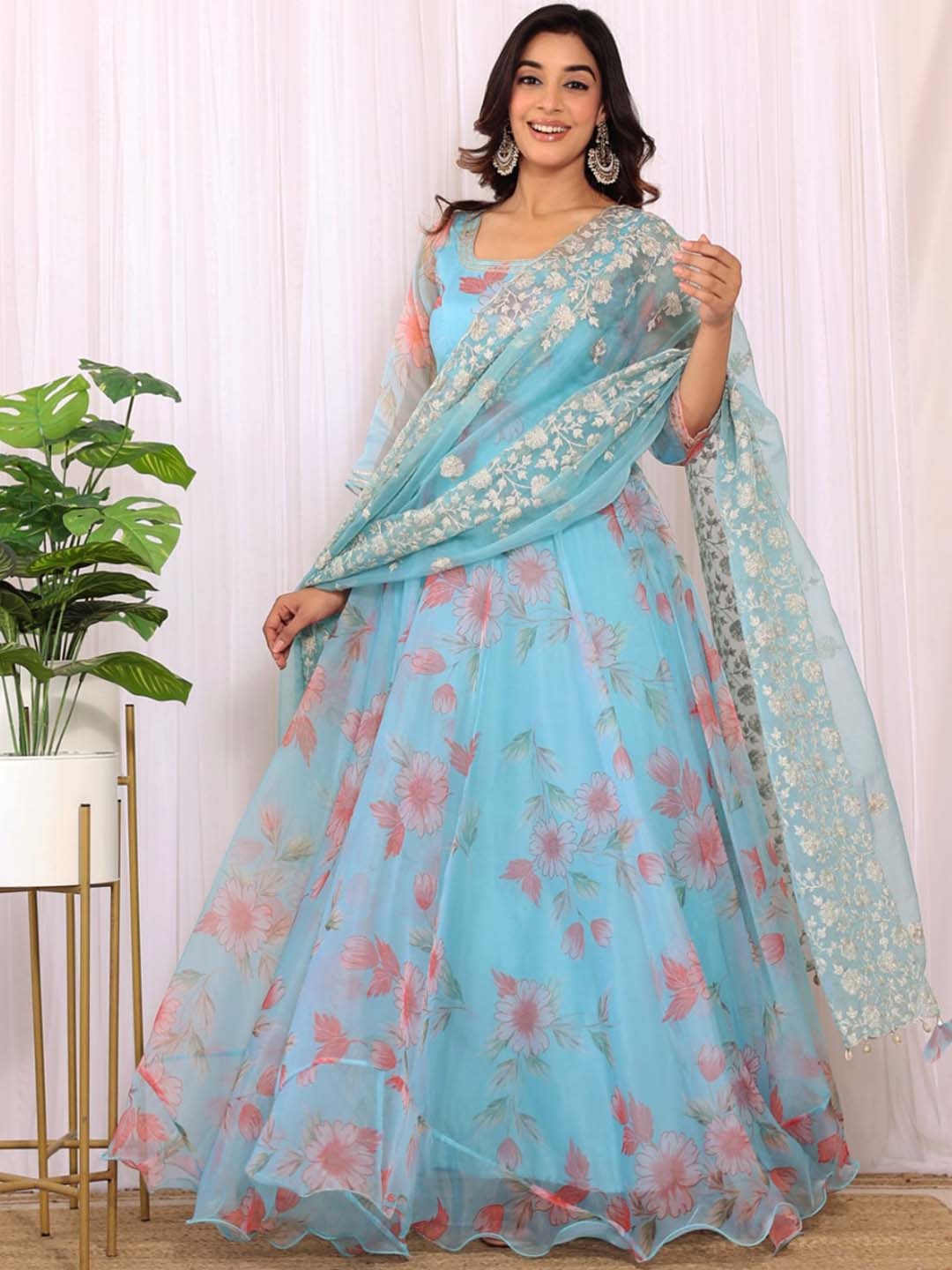

LABEL KANUPRIYA Floral Printed Square Neck Fit and Flare Maxi Ethnic Dress With Dupatta, Blue