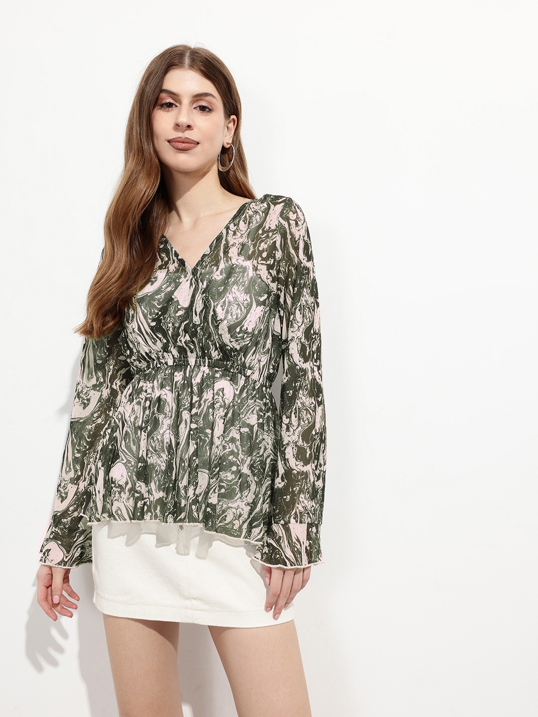 

DressBerry Liquid Mirage Sheer Illusion Fit-n-Flow Top, Olive