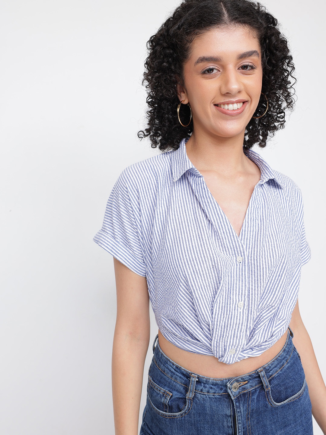 

DressBerry Statement Stripes Twisted Crop Shirt, White