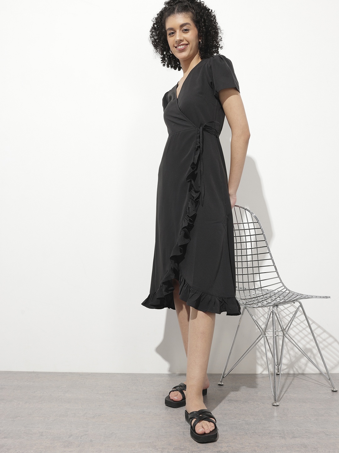 

DressBerry Twirl-Worthy Ruffled Wrap Midi Dress, Black