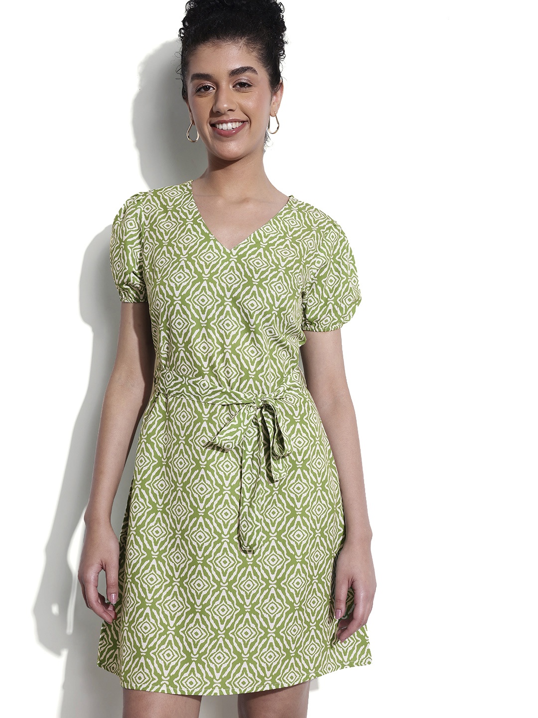 

Dressberry Basics Motifs Mania Belted A-Line Dress, Green