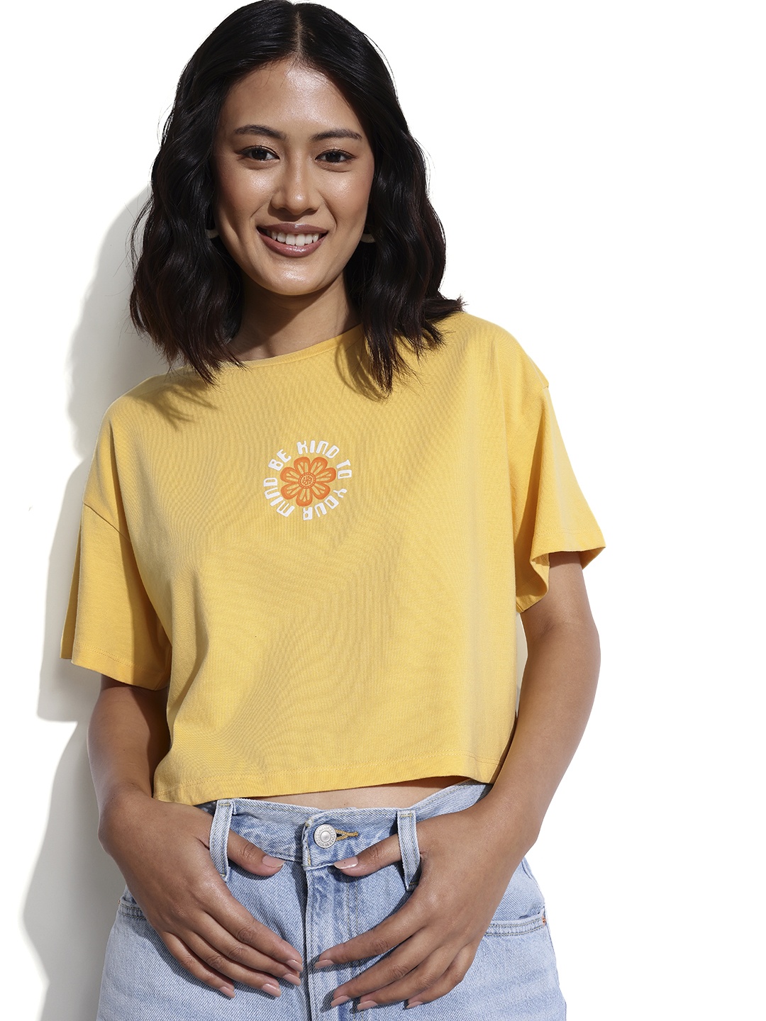 

DressBerry Sunshine on My Mind Good Quote Boxy Crop T-shirt, Yellow