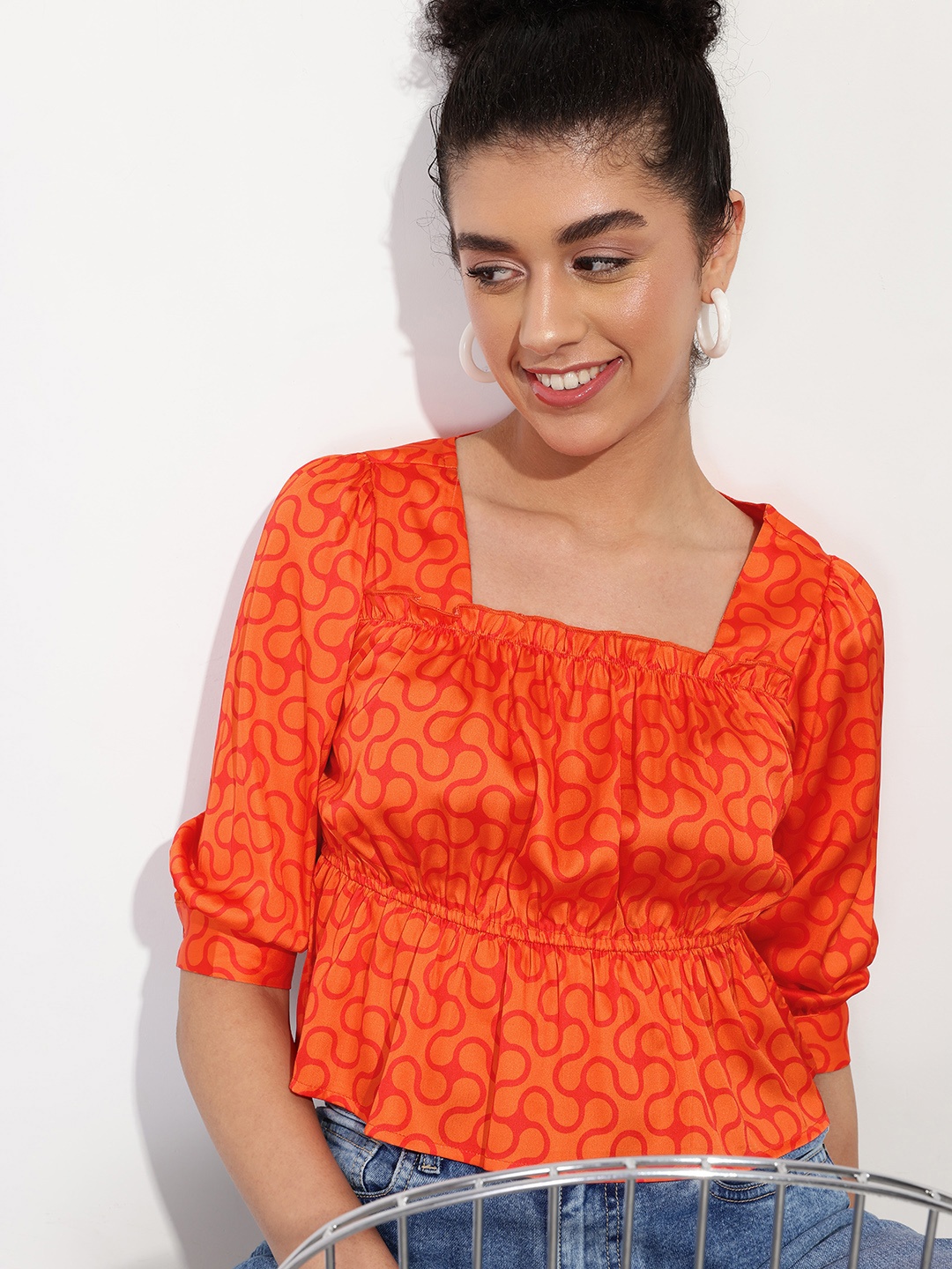 

DressBerry 70's Teenage Ruffled Satin A-Line Top, Orange