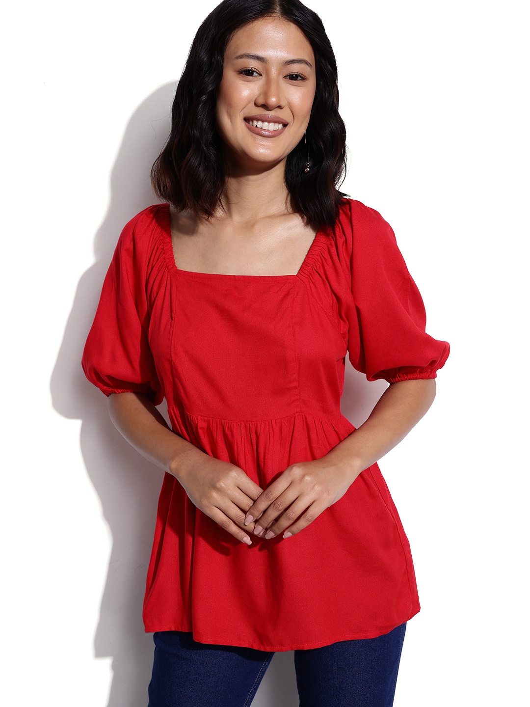 

DressBerry Cherry Red Shirred Power Puff A-Line Top