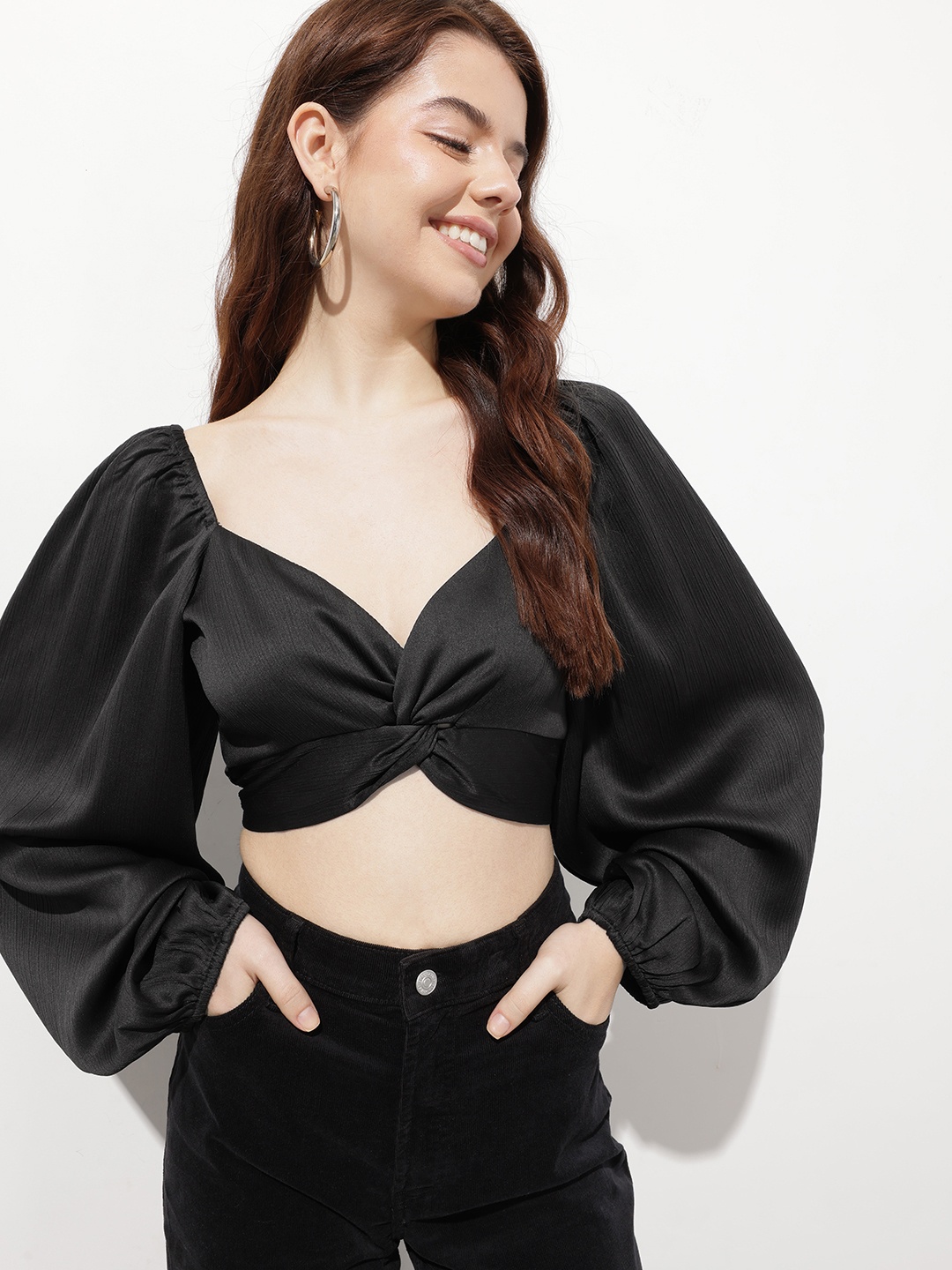 

DressBerry Countryside Twist Smocked Crop Top, Black
