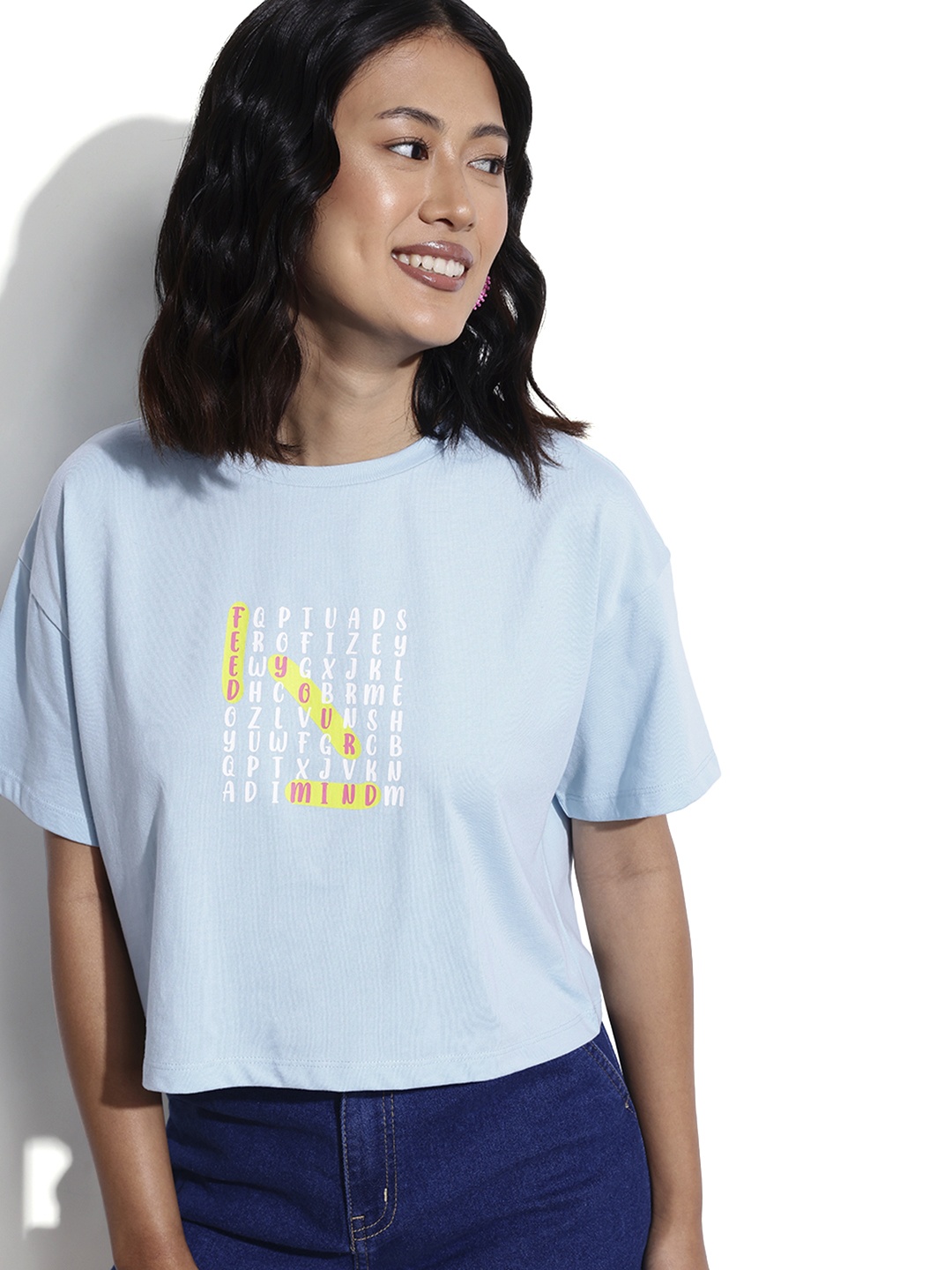 

DressBerry Crossword Crossover Crop Boxy T-shirt, Blue