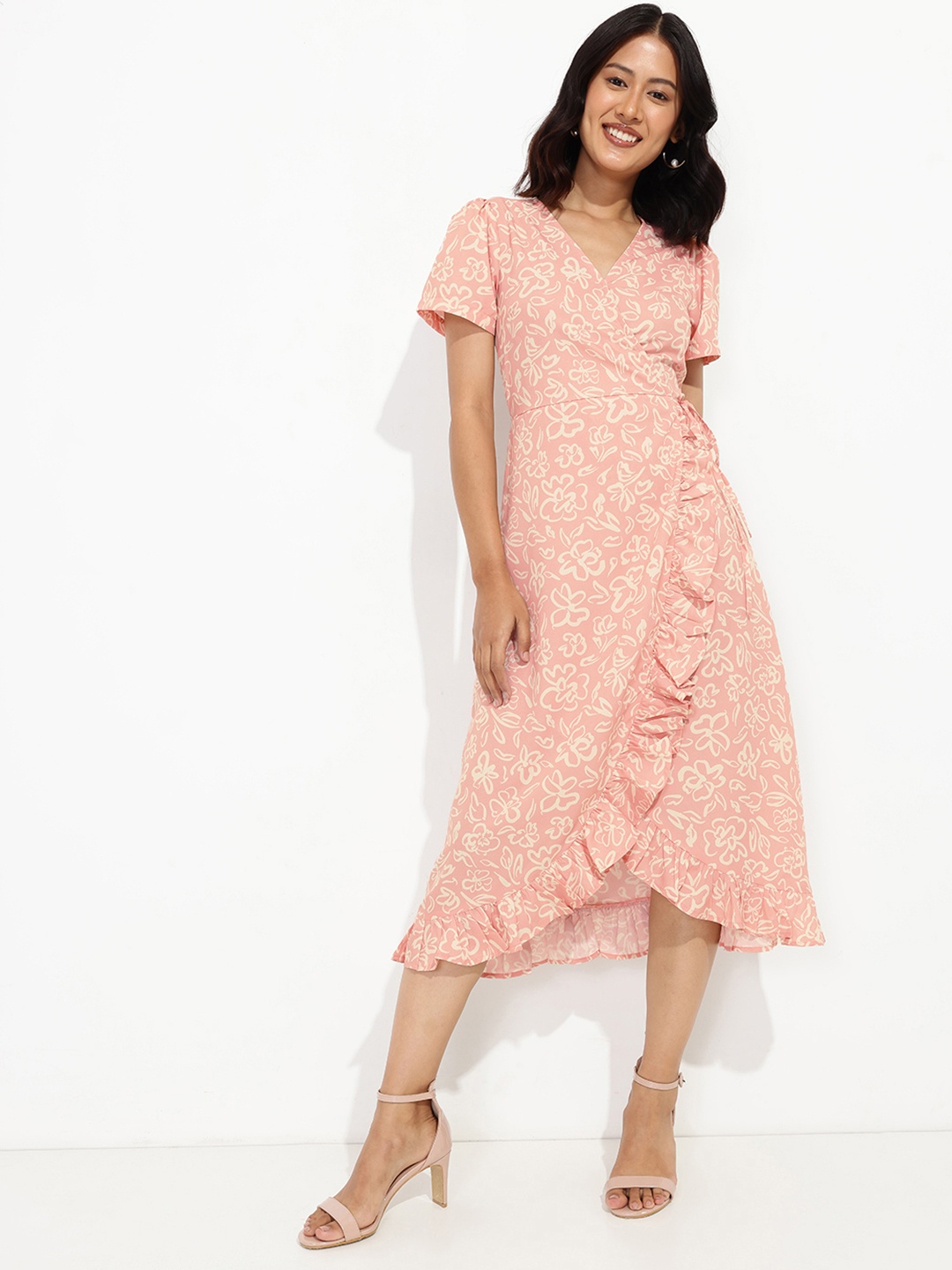 

DressBerry Romantic Revival Soft Serve Florals Wrap Midi Dress, Orange