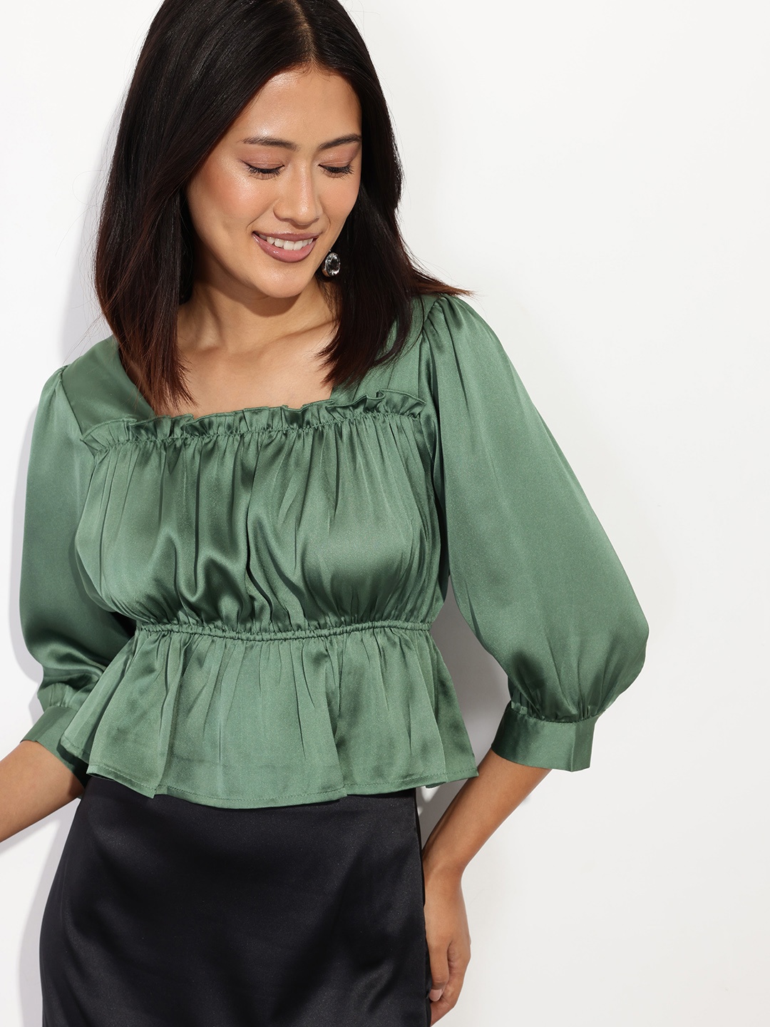 

DressBerry Gathered Glam Satin A-Line Top, Green